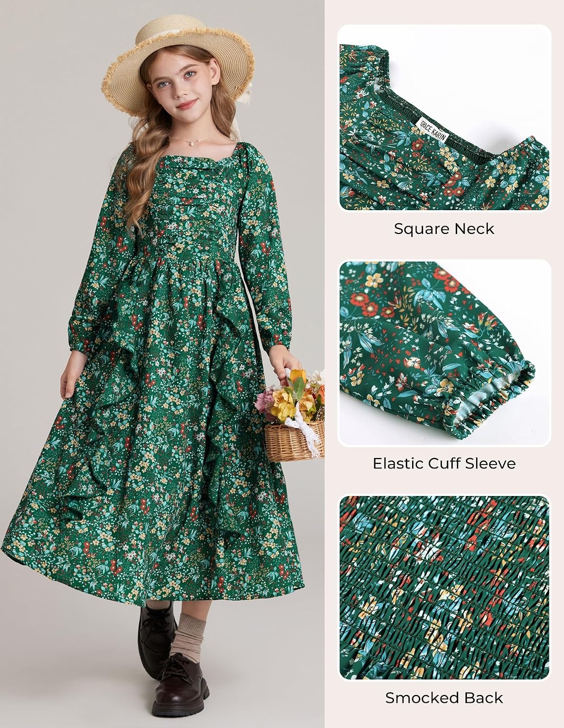image:imageGRACE KARIN Girls Fall Dresses Long Sleeve Maxi Floral Winter Dress 714YDark Green Floral