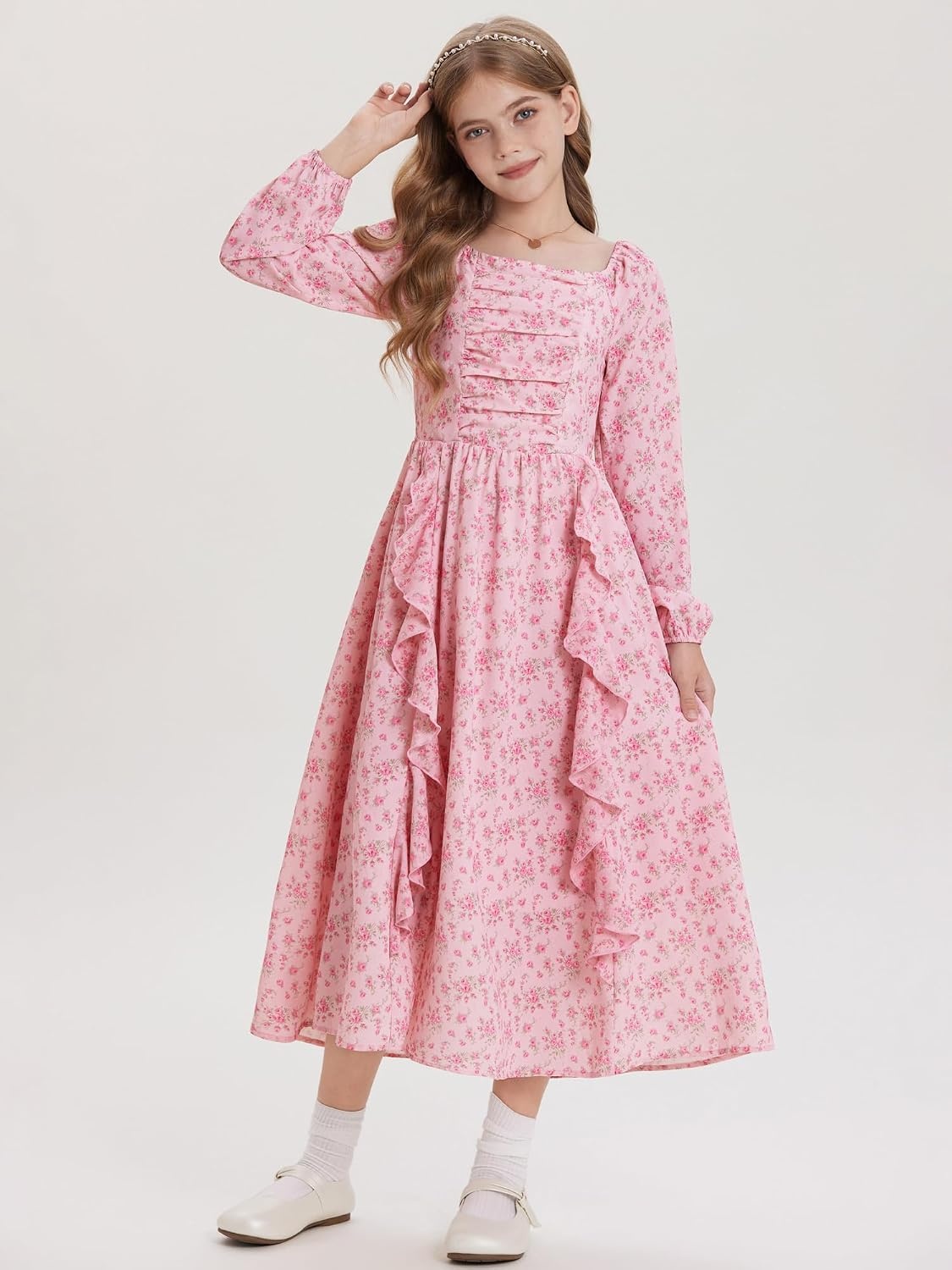 image:imageGRACE KARIN Girls Fall Dresses Long Sleeve Maxi Floral Winter Dress 714YPink Ditsy Floral