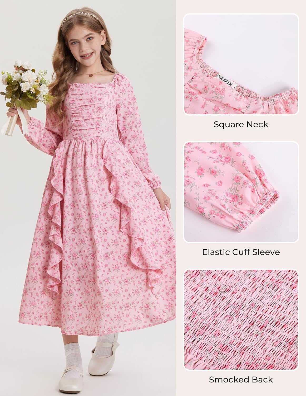 image:imageGRACE KARIN Girls Fall Dresses Long Sleeve Maxi Floral Winter Dress 714YPink Ditsy Floral