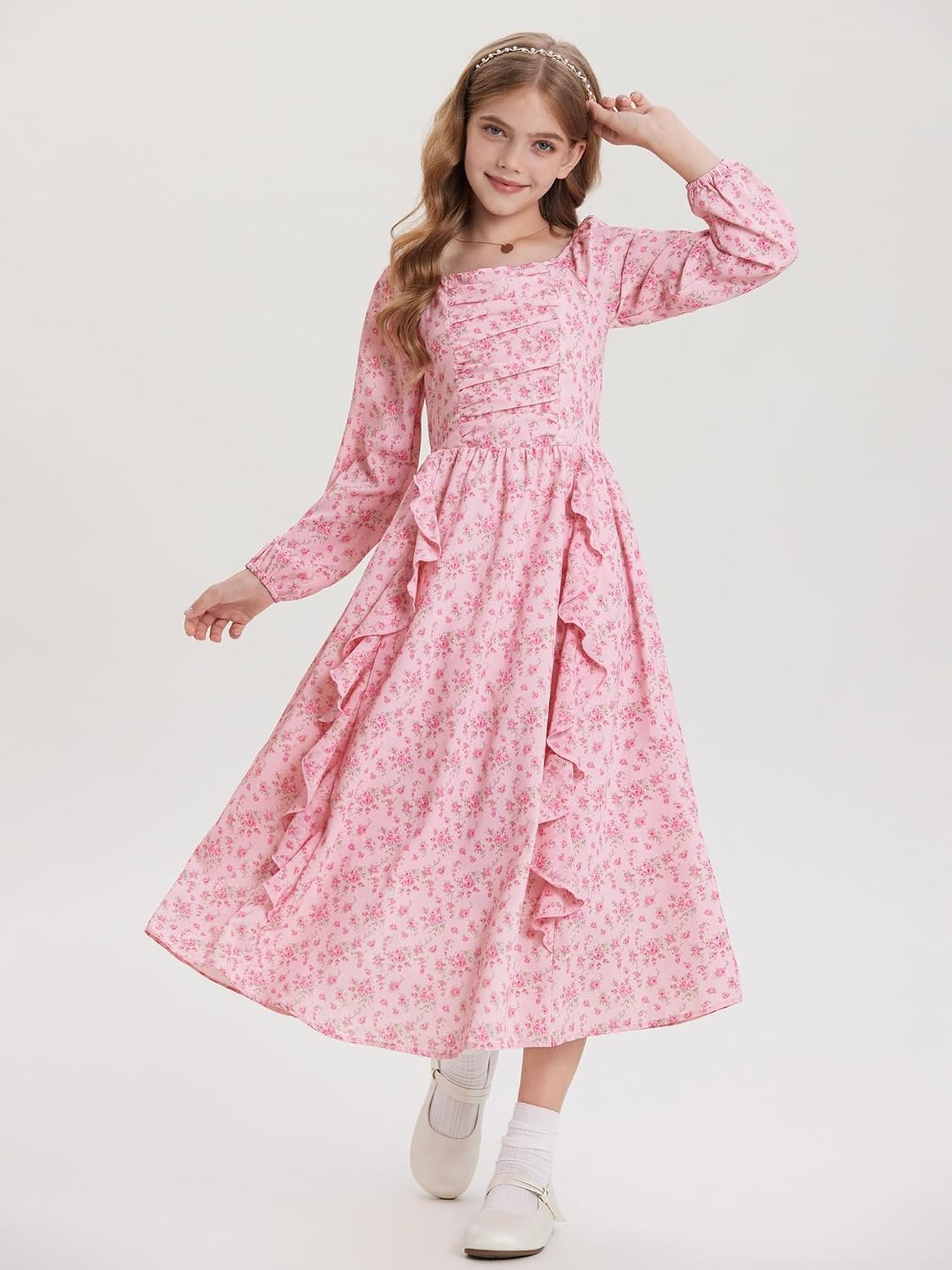 image:imageGRACE KARIN Girls Fall Dresses Long Sleeve Maxi Floral Winter Dress 714YPink Ditsy Floral
