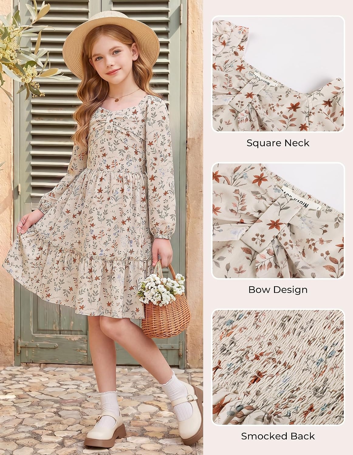 image:imageGRACE KARIN Girls Fall Floral Dress Long Sleeve Smocked Dresses 714 YearsBeige