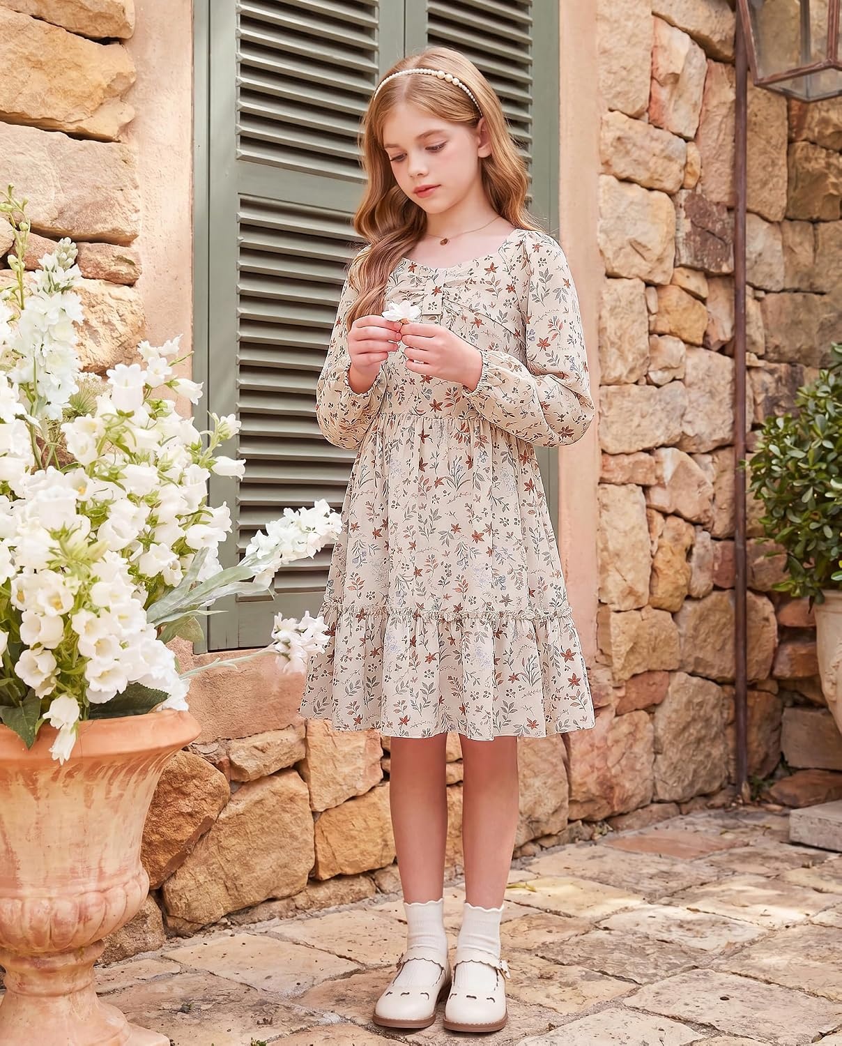 image:imageGRACE KARIN Girls Fall Floral Dress Long Sleeve Smocked Dresses 714 YearsBeige
