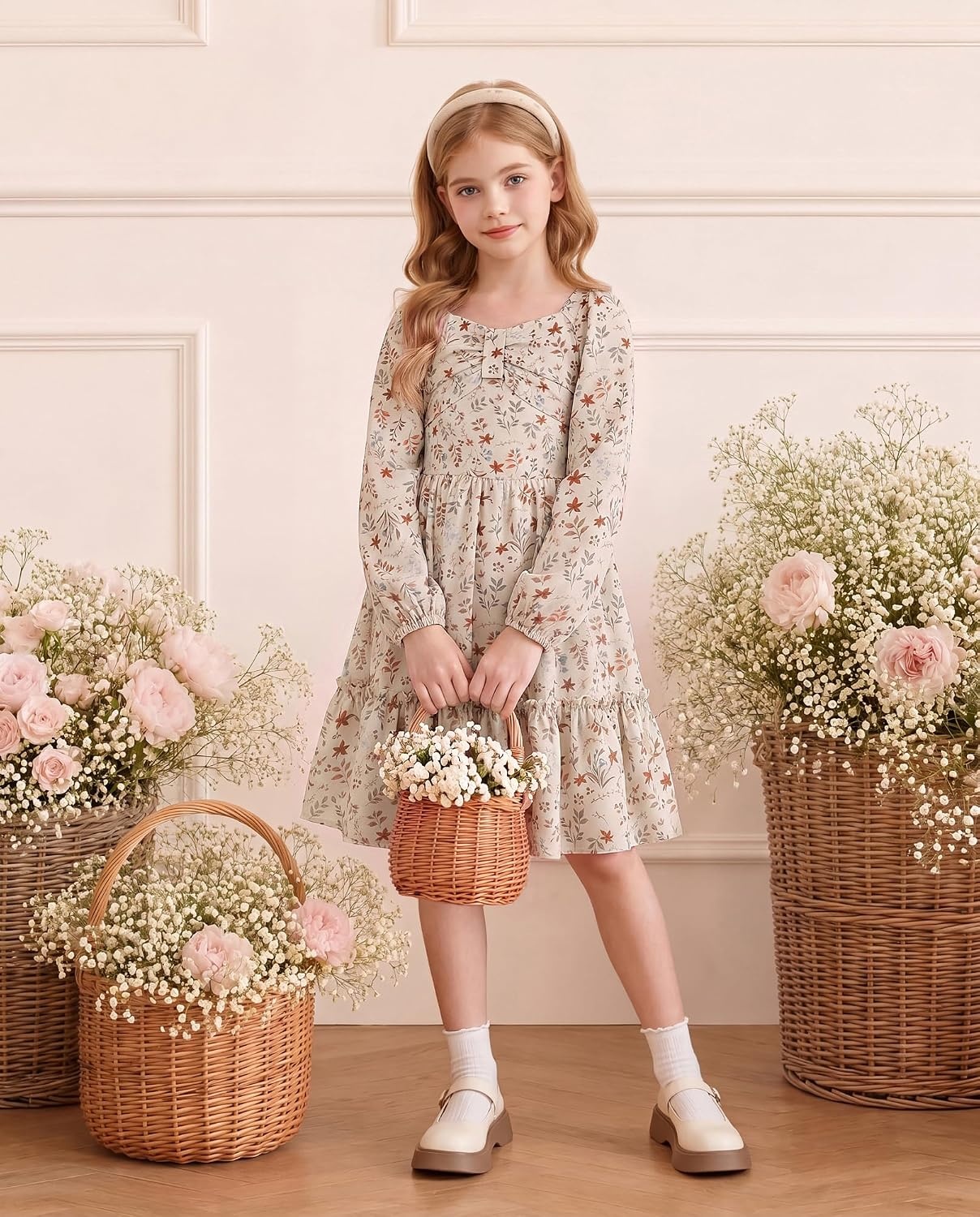image:imageGRACE KARIN Girls Fall Floral Dress Long Sleeve Smocked Dresses 714 YearsBeige
