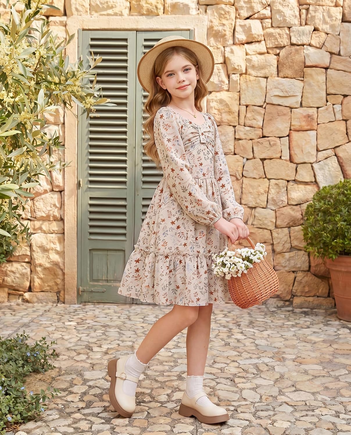 image:imageGRACE KARIN Girls Fall Floral Dress Long Sleeve Smocked Dresses 714 YearsBeige