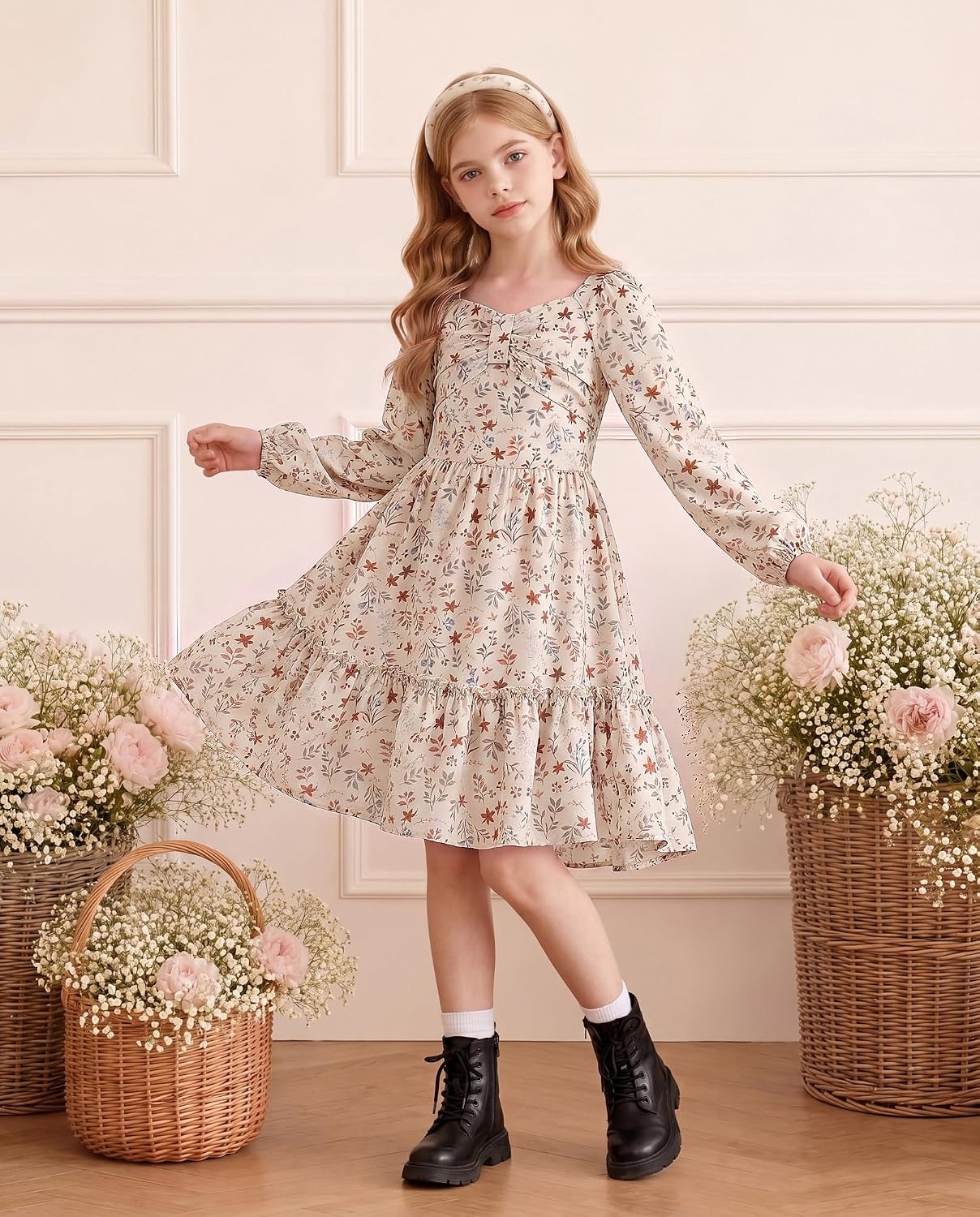 image:imageGRACE KARIN Girls Fall Floral Dress Long Sleeve Smocked Dresses 714 YearsBeige