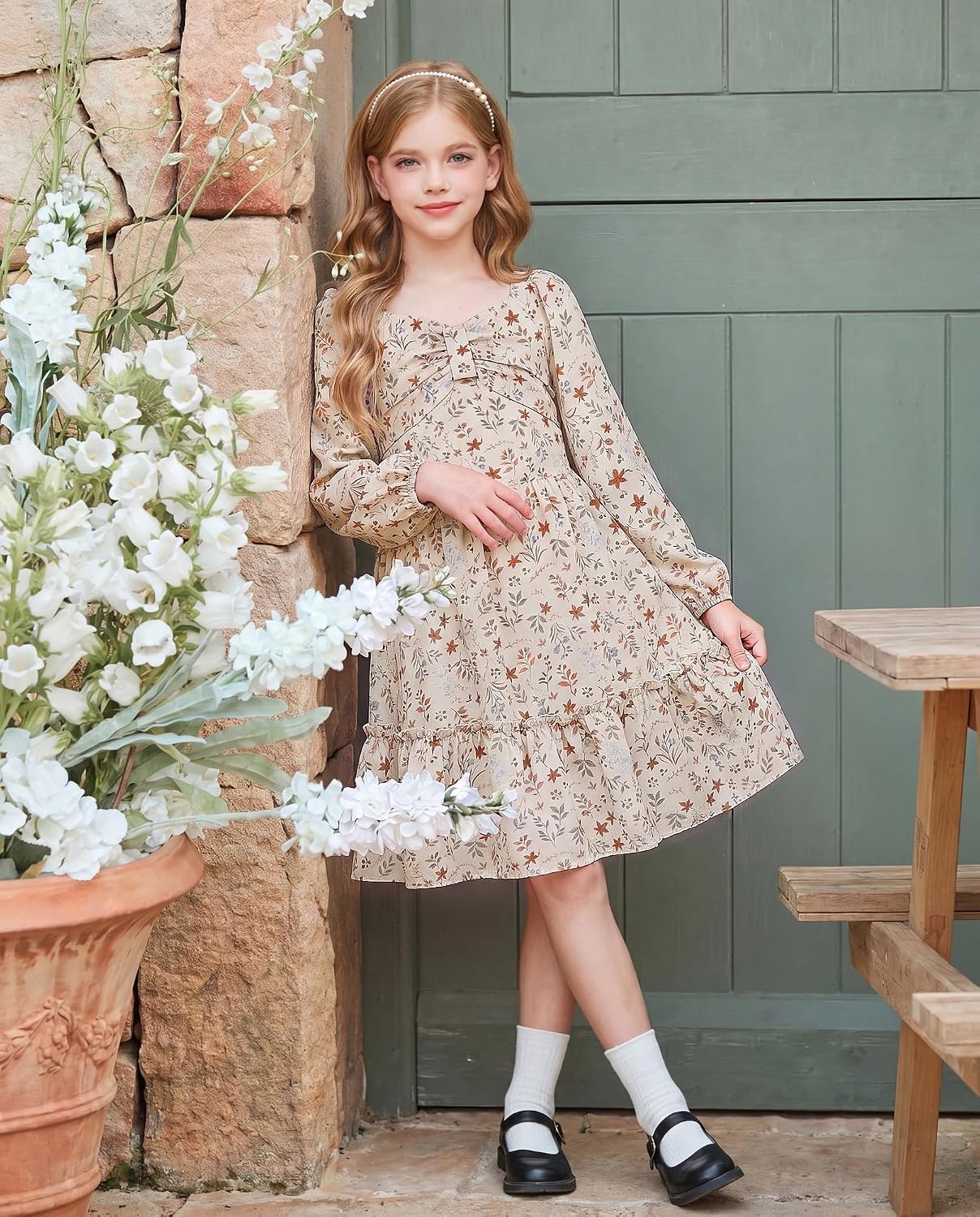 image:imageGRACE KARIN Girls Fall Floral Dress Long Sleeve Smocked Dresses 714 YearsBeige