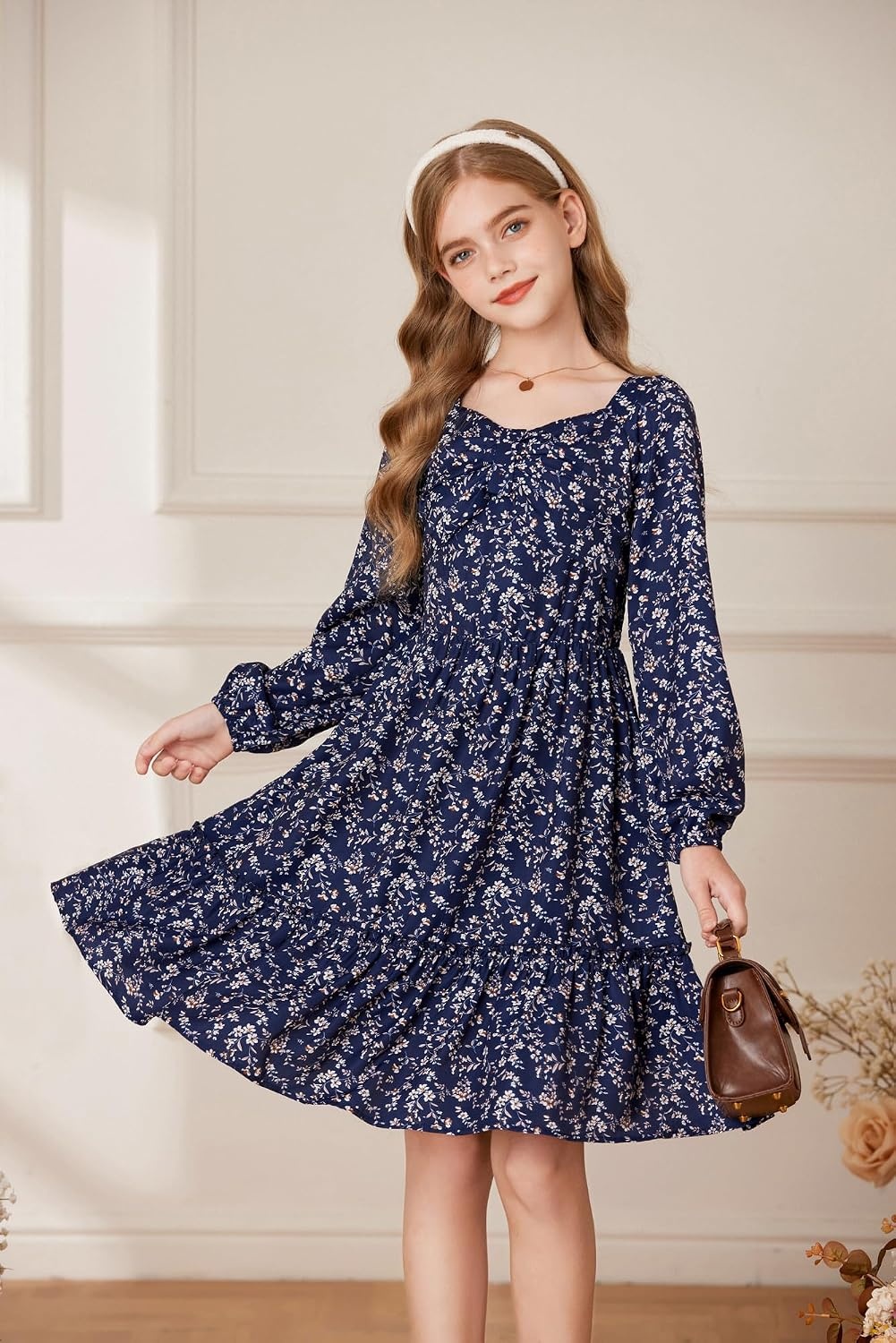 image:imageGRACE KARIN Girls Fall Floral Dress Long Sleeve Smocked Dresses 714 YearsNavy Blue