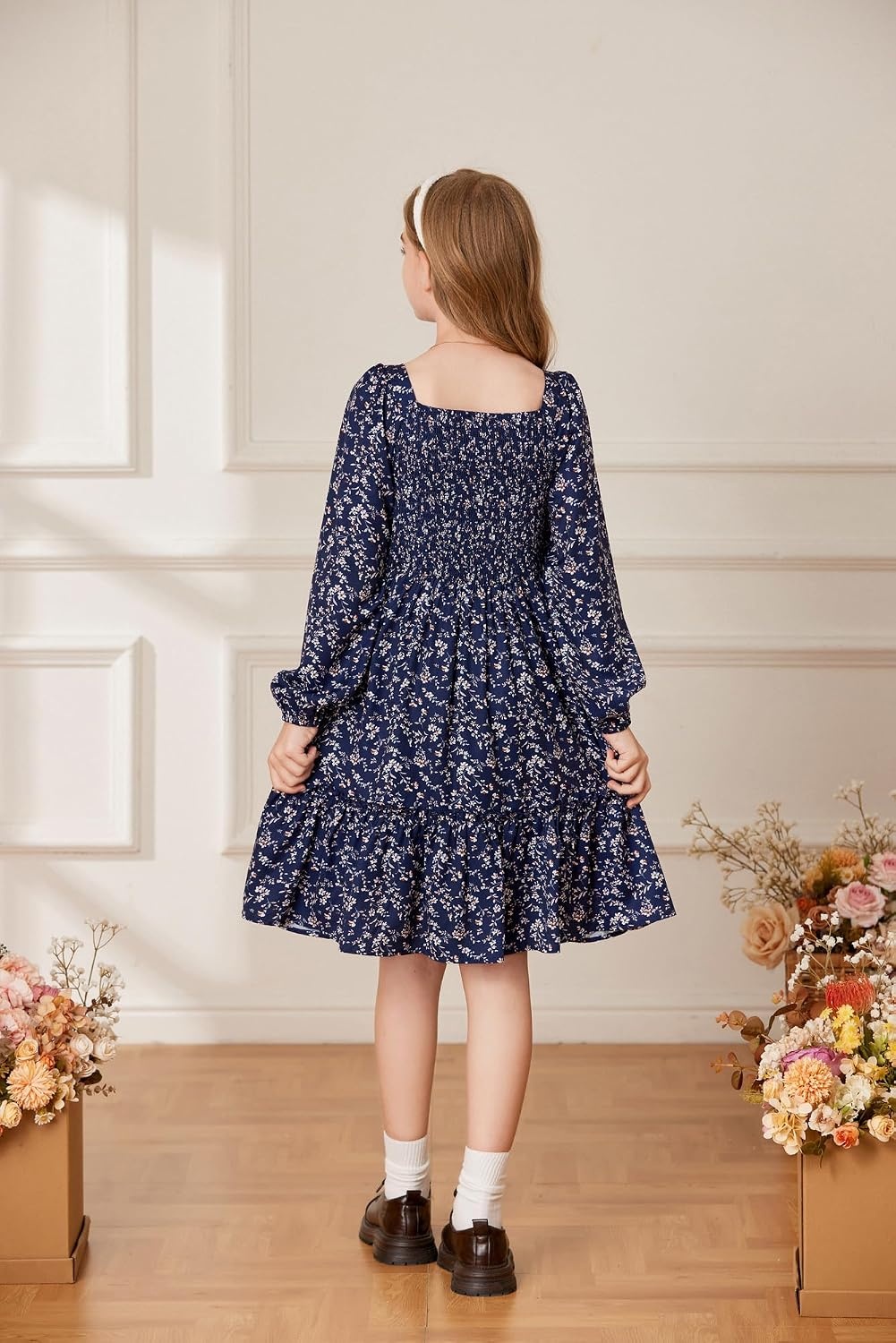 image:imageGRACE KARIN Girls Fall Floral Dress Long Sleeve Smocked Dresses 714 YearsNavy Blue