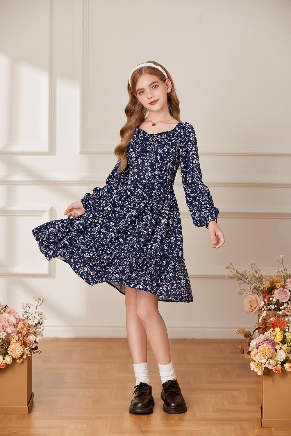 image:imageGRACE KARIN Girls Fall Floral Dress Long Sleeve Smocked Dresses 714 YearsNavy Blue