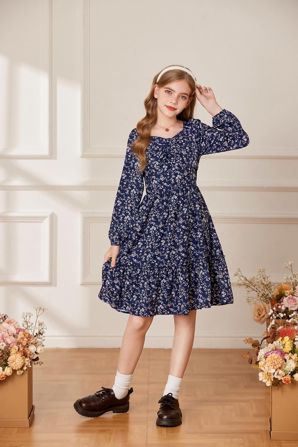 image:imageGRACE KARIN Girls Fall Floral Dress Long Sleeve Smocked Dresses 714 YearsNavy Blue