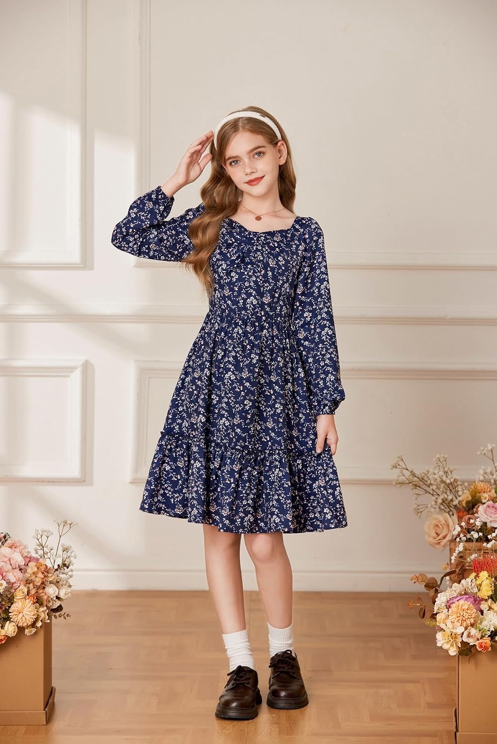 image:imageGRACE KARIN Girls Fall Floral Dress Long Sleeve Smocked Dresses 714 YearsNavy Blue