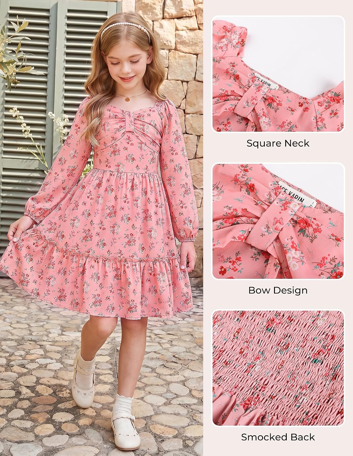 image:imageGRACE KARIN Girls Fall Floral Dress Long Sleeve Smocked Dresses 714 YearsPink