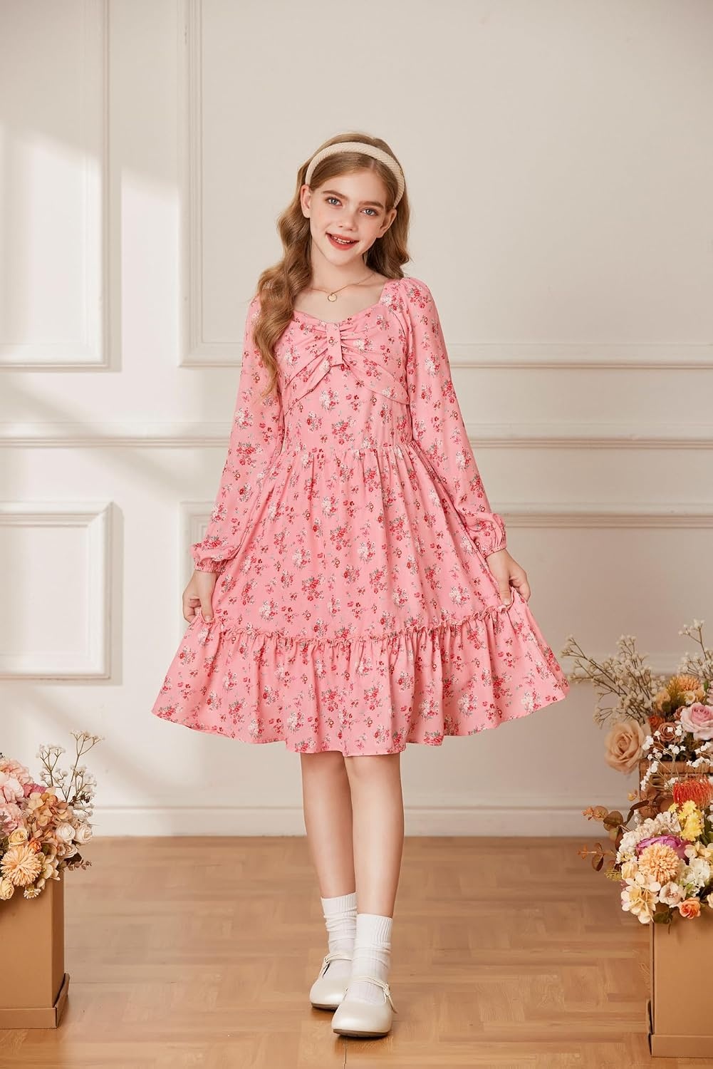 image:imageGRACE KARIN Girls Fall Floral Dress Long Sleeve Smocked Dresses 714 YearsPink