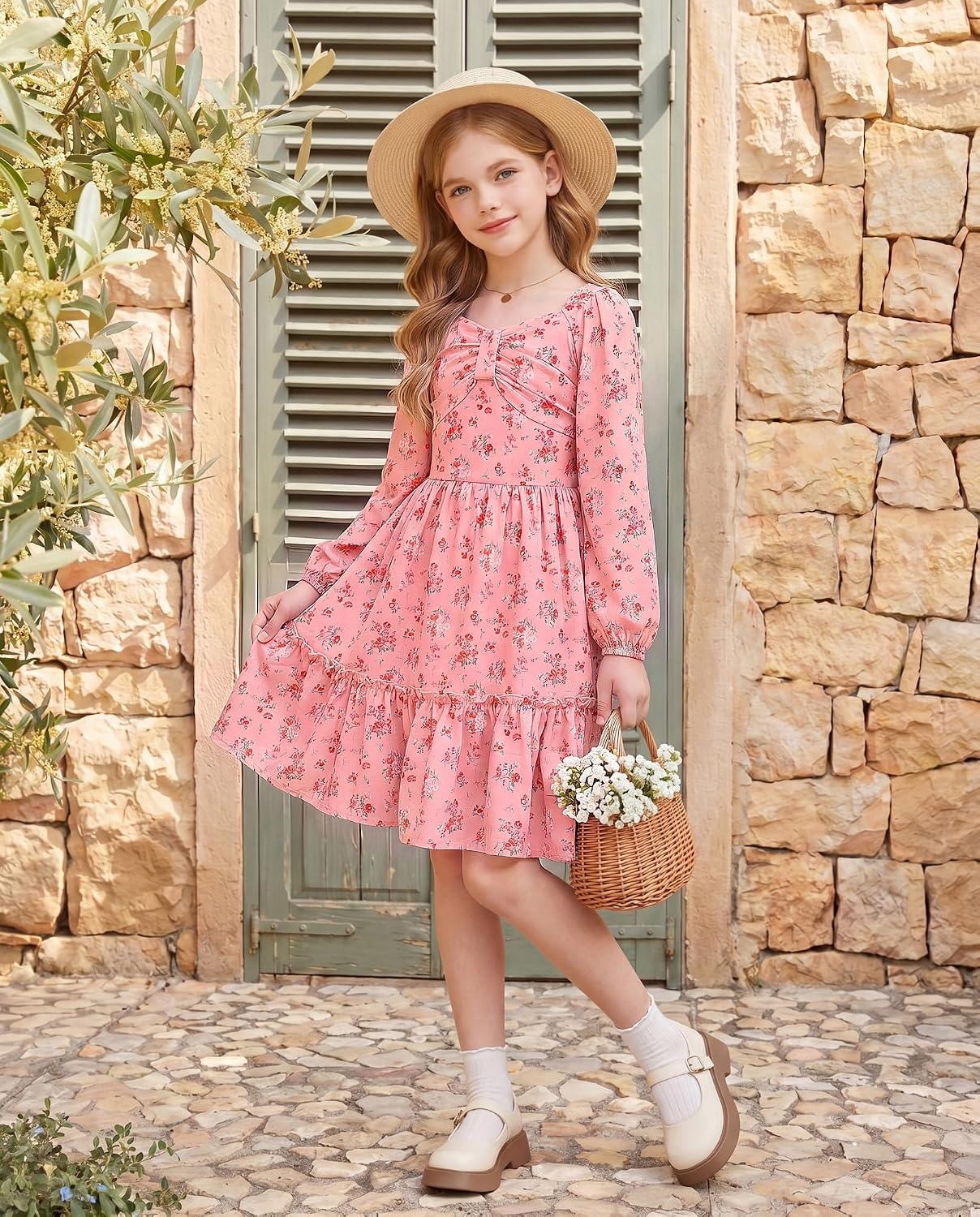 image:imageGRACE KARIN Girls Fall Floral Dress Long Sleeve Smocked Dresses 714 YearsPink