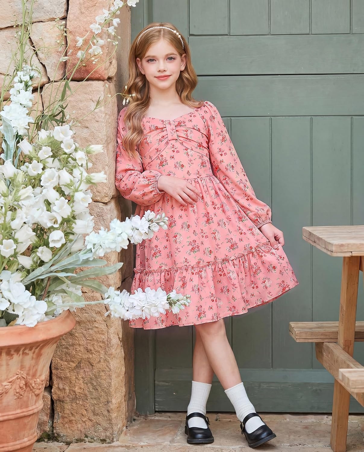 image:imageGRACE KARIN Girls Fall Floral Dress Long Sleeve Smocked Dresses 714 YearsPink
