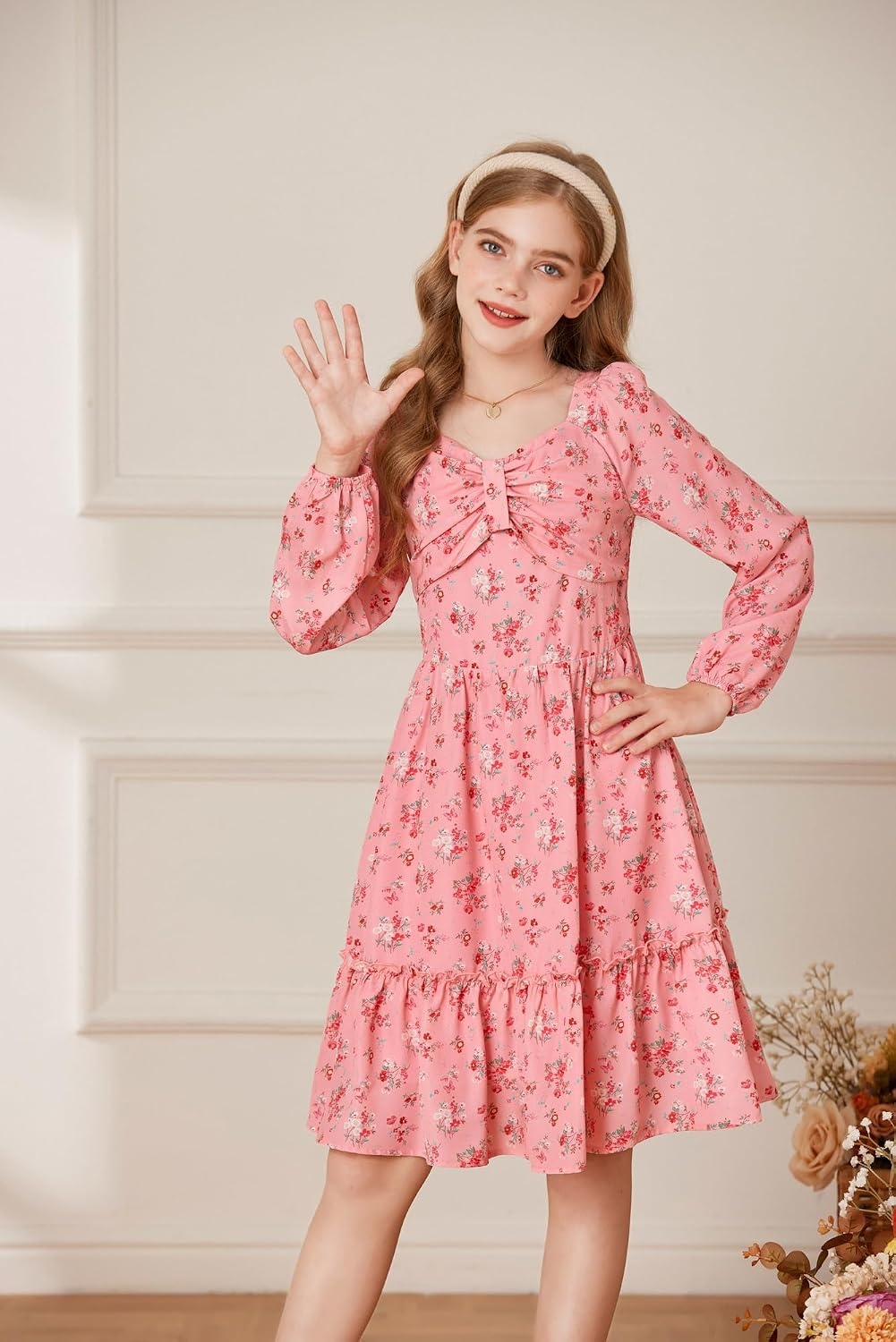 image:imageGRACE KARIN Girls Fall Floral Dress Long Sleeve Smocked Dresses 714 YearsPink