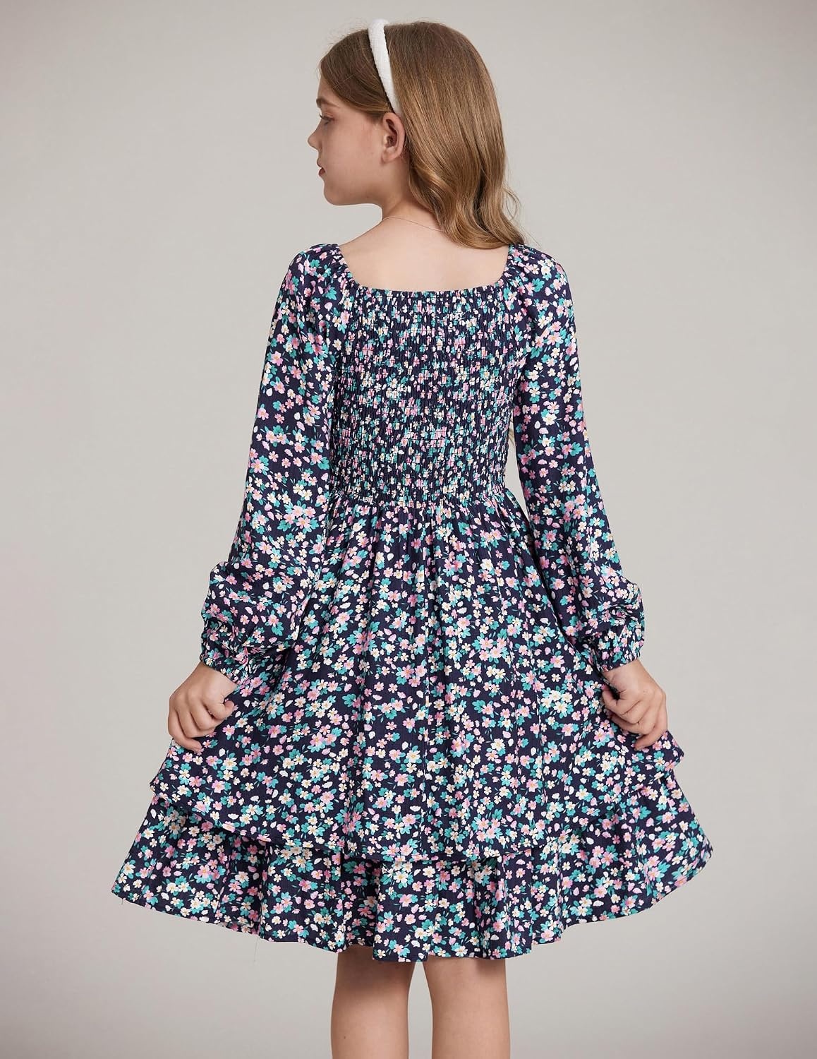 image:imageGRACE KARIN Girls Fall Floral Long Sleeve Casual Tiered Flowy Dresses 714Navy Blue Floral