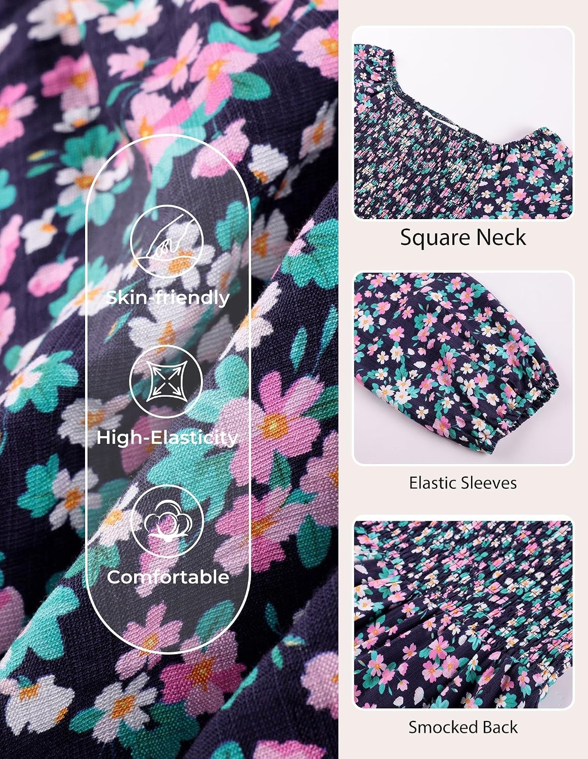 image:imageGRACE KARIN Girls Fall Floral Long Sleeve Casual Tiered Flowy Dresses 714Navy Blue Floral