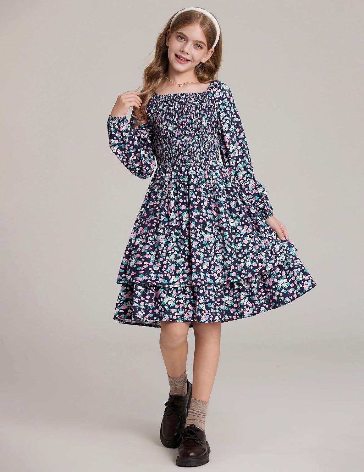 image:imageGRACE KARIN Girls Fall Floral Long Sleeve Casual Tiered Flowy Dresses 714Navy Blue Floral