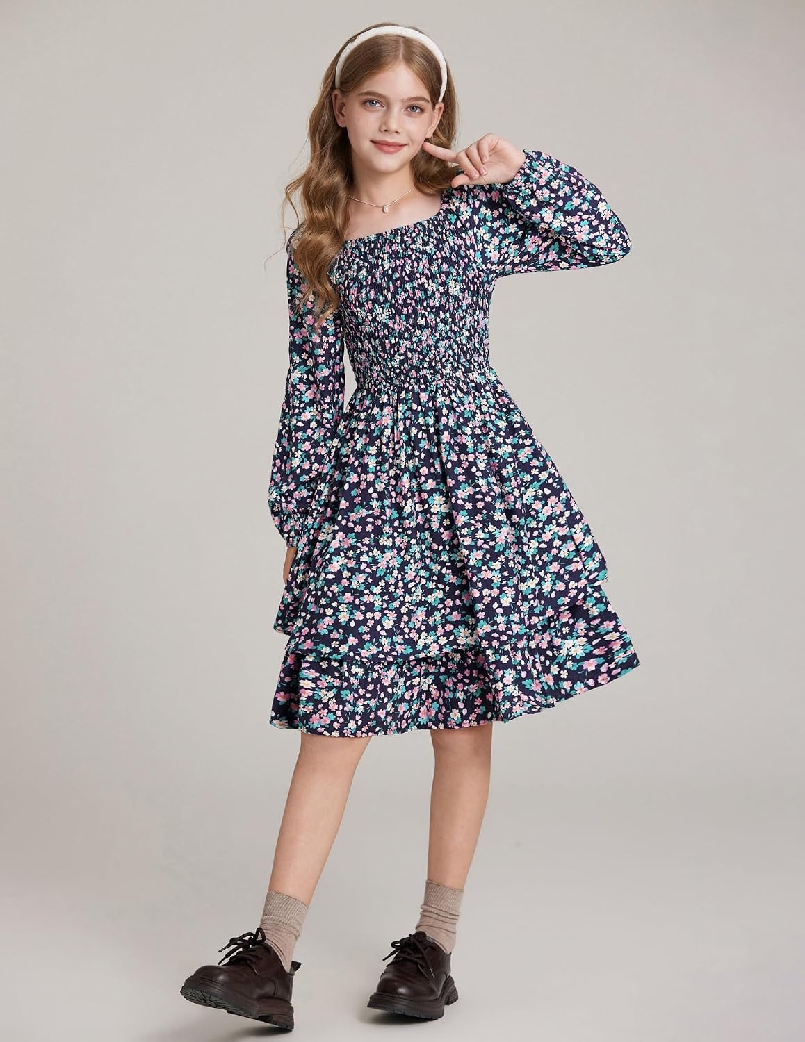 image:imageGRACE KARIN Girls Fall Floral Long Sleeve Casual Tiered Flowy Dresses 714Navy Blue Floral