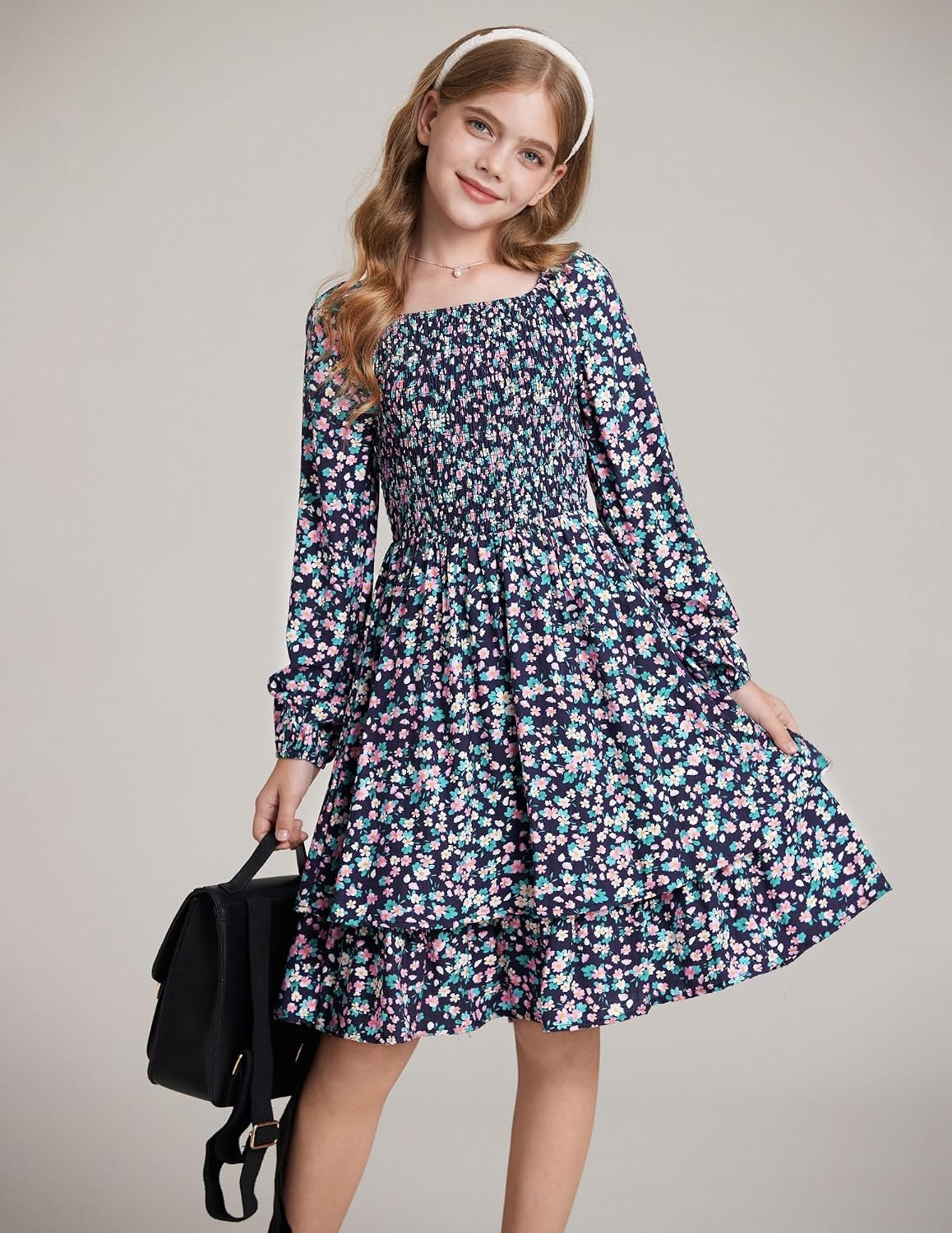 image:imageGRACE KARIN Girls Fall Floral Long Sleeve Casual Tiered Flowy Dresses 714Navy Blue Floral