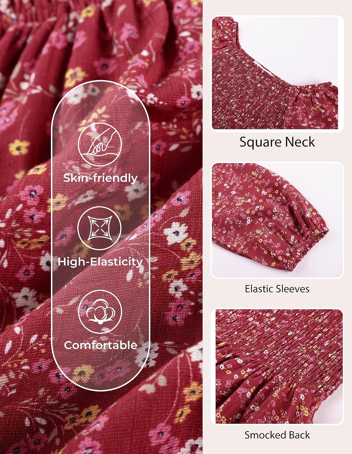 image:imageGRACE KARIN Girls Fall Floral Long Sleeve Casual Tiered Flowy Dresses 714Wine Red Floral
