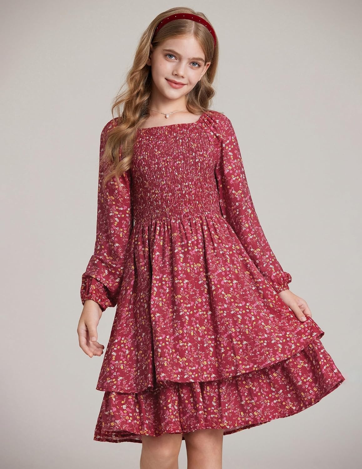 image:imageGRACE KARIN Girls Fall Floral Long Sleeve Casual Tiered Flowy Dresses 714Wine Red Floral