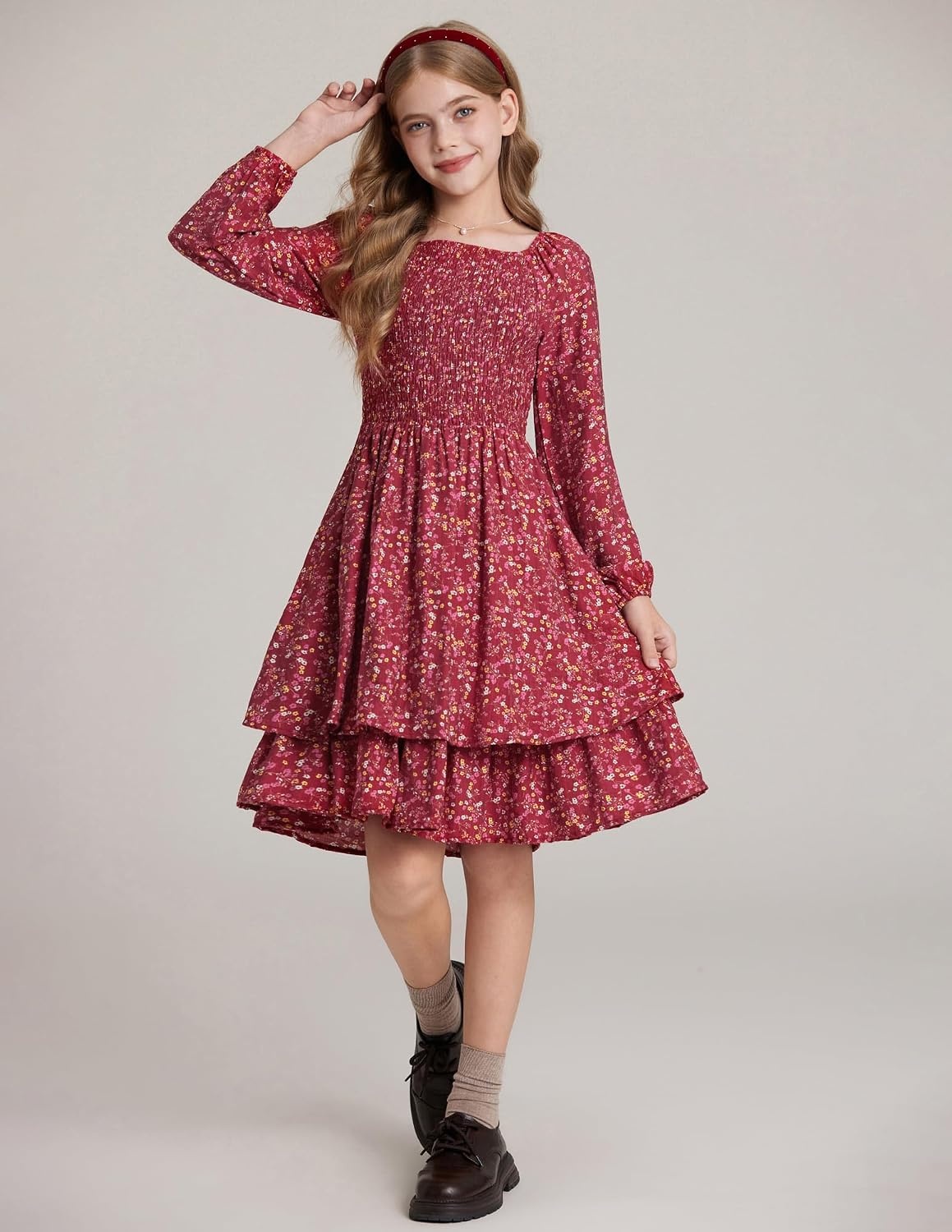 image:imageGRACE KARIN Girls Fall Floral Long Sleeve Casual Tiered Flowy Dresses 714Wine Red Floral