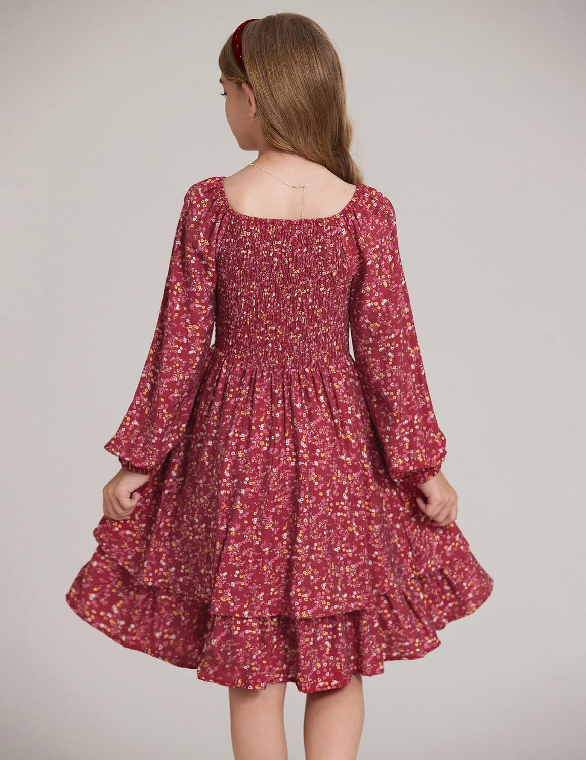 image:imageGRACE KARIN Girls Fall Floral Long Sleeve Casual Tiered Flowy Dresses 714Wine Red Floral