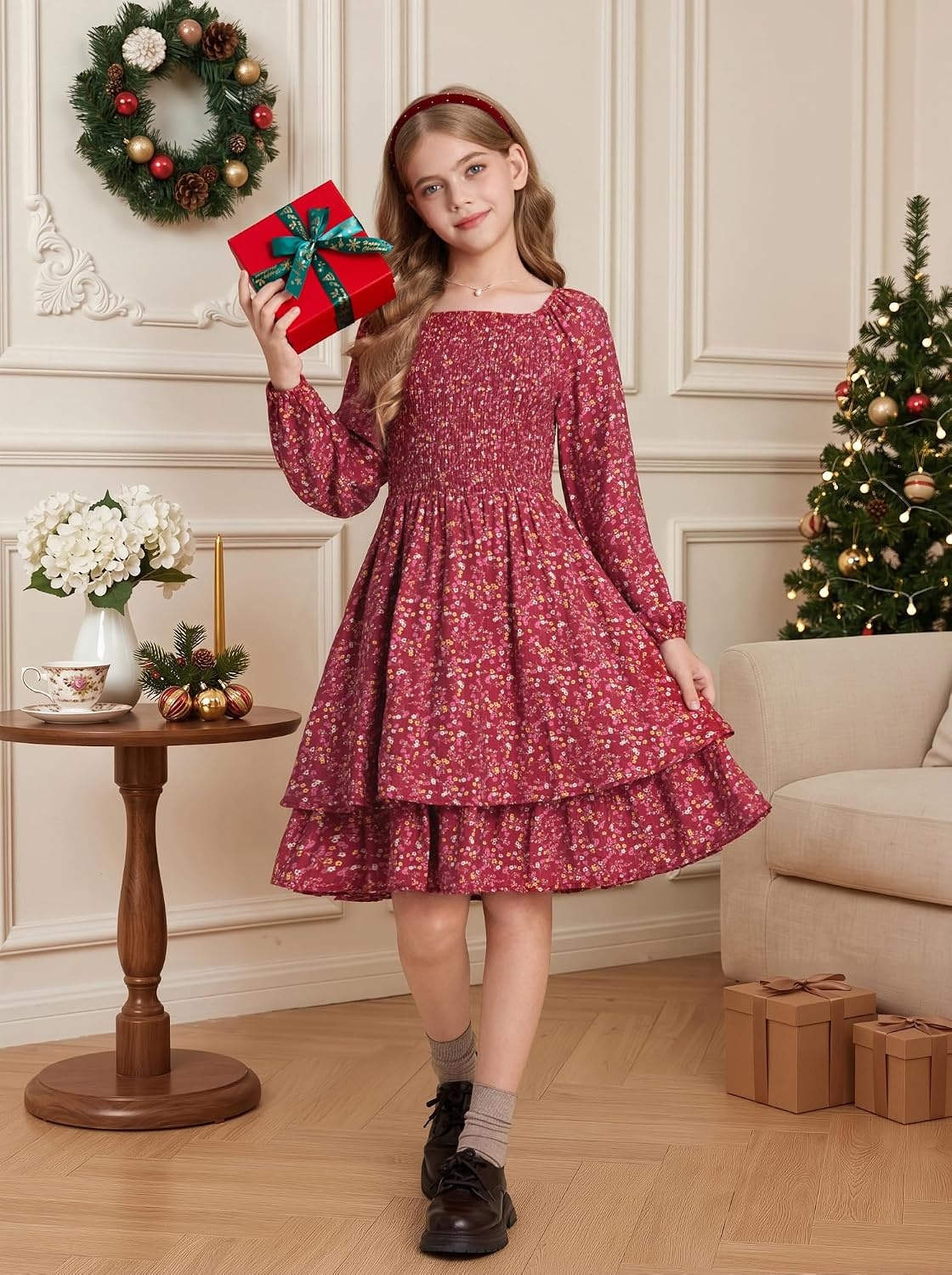 image:imageGRACE KARIN Girls Fall Floral Long Sleeve Casual Tiered Flowy Dresses 714Wine Red Floral