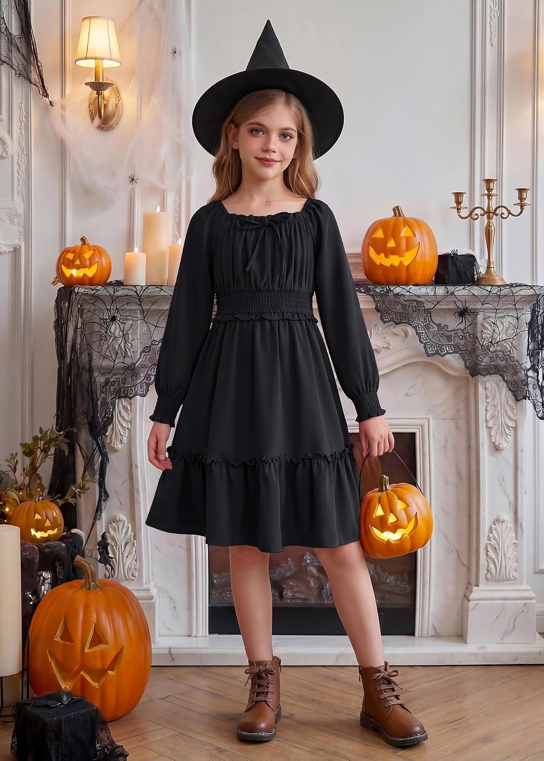 image:imageGRACE KARIN Girls Fall Long Sleeve Casual Ruffle Smocked Dresses Size 714Black
