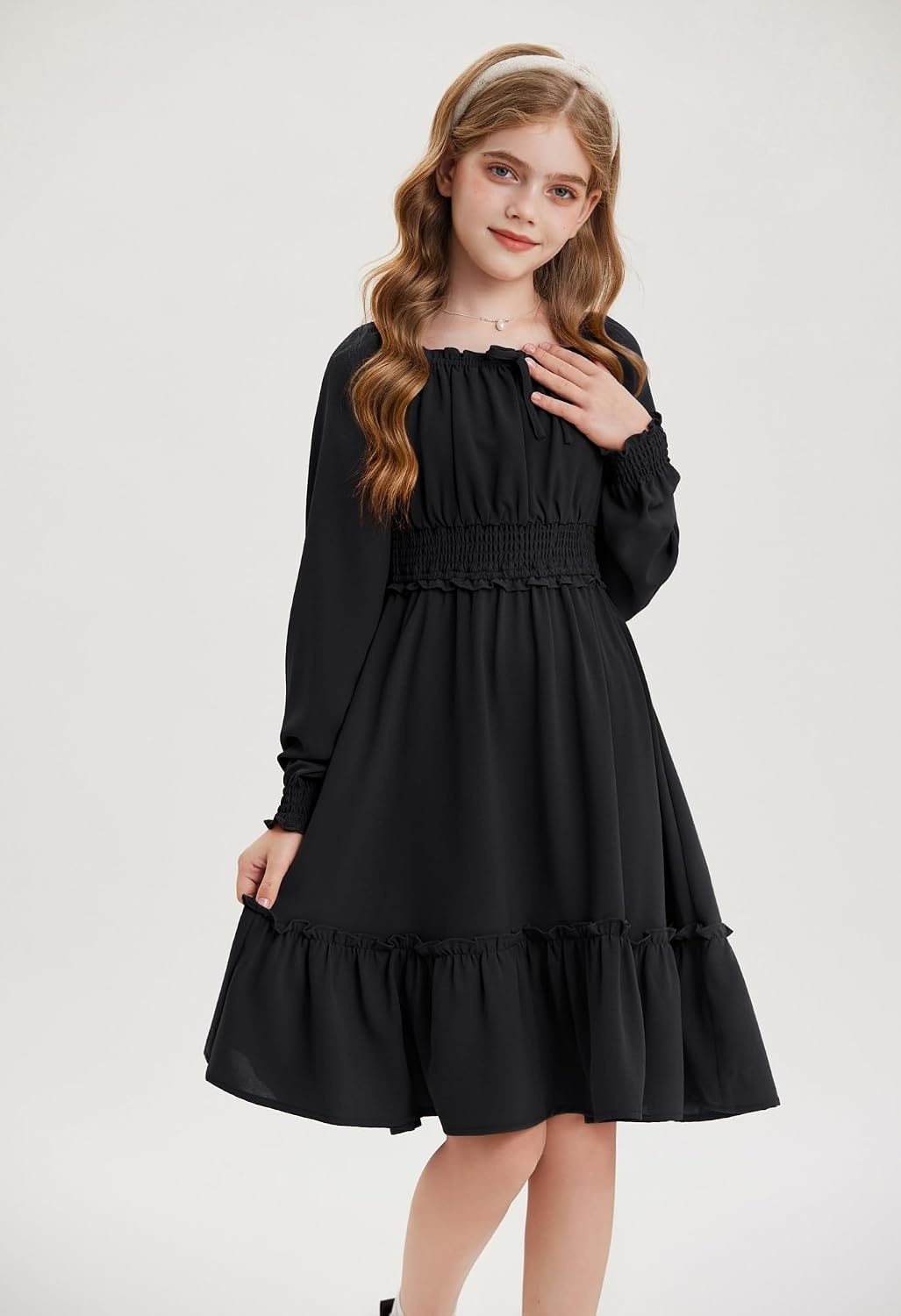 image:imageGRACE KARIN Girls Fall Long Sleeve Casual Ruffle Smocked Dresses Size 714Black