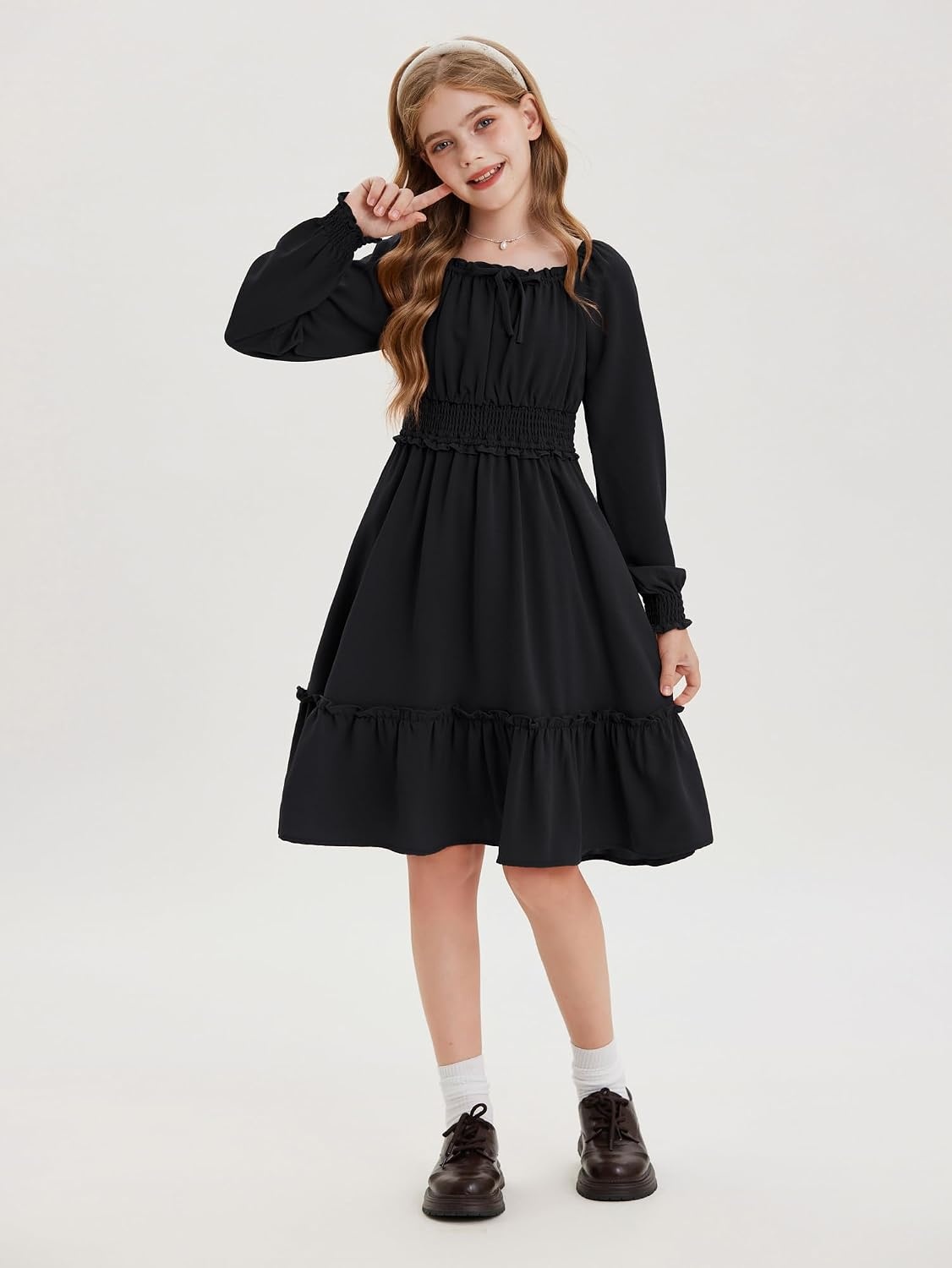 image:imageGRACE KARIN Girls Fall Long Sleeve Casual Ruffle Smocked Dresses Size 714Black