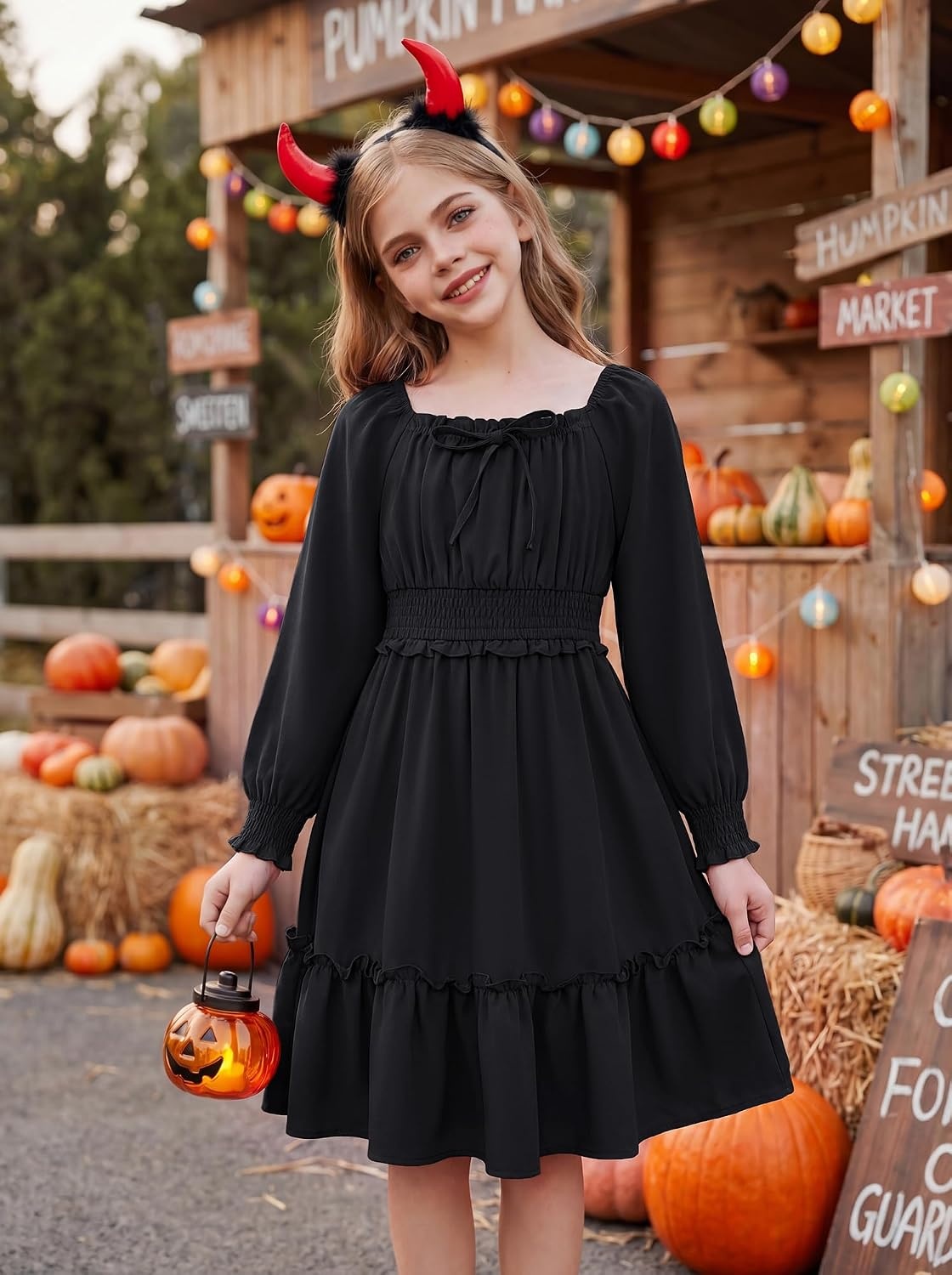 image:imageGRACE KARIN Girls Fall Long Sleeve Casual Ruffle Smocked Dresses Size 714Black