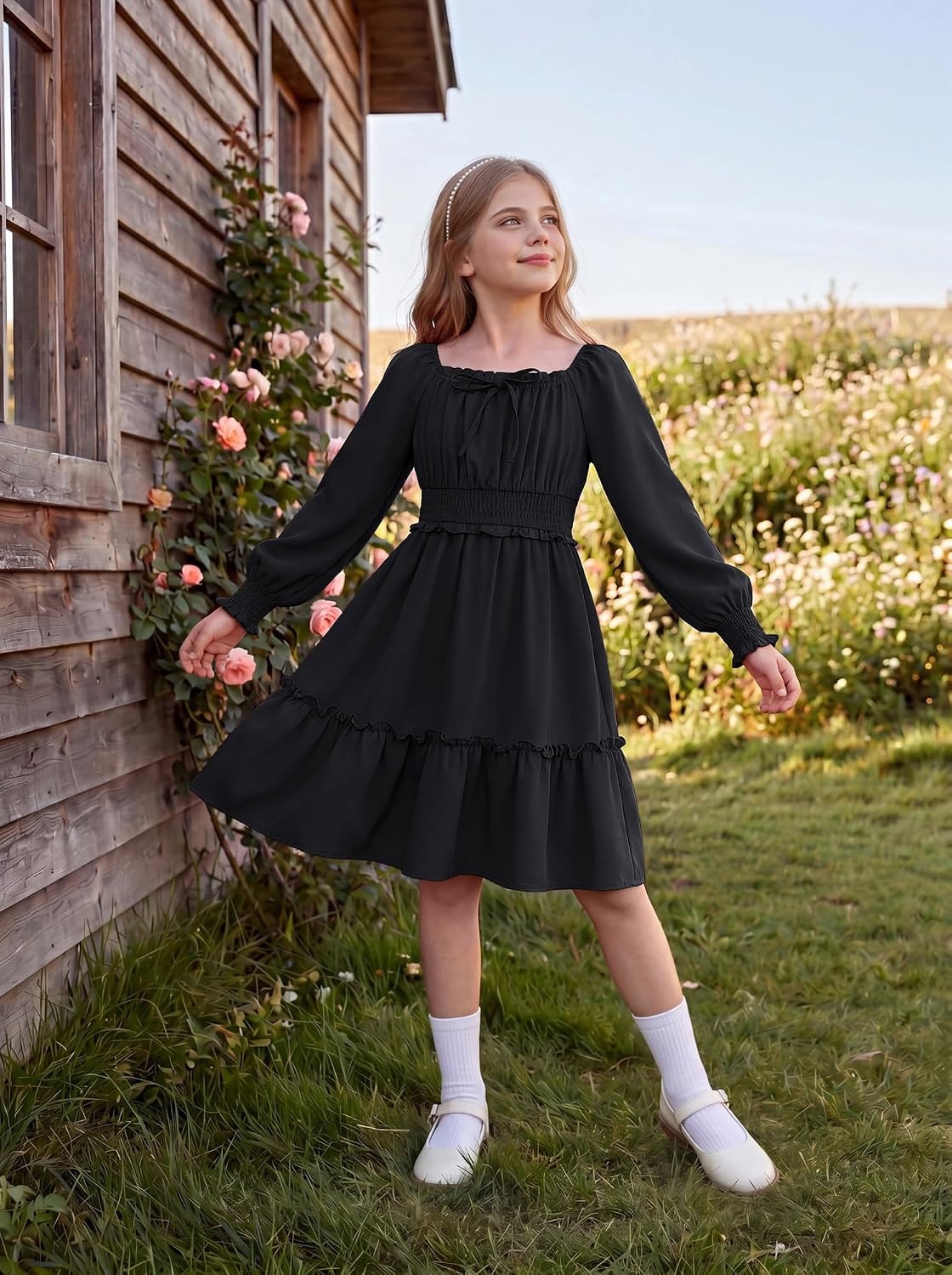 image:imageGRACE KARIN Girls Fall Long Sleeve Casual Ruffle Smocked Dresses Size 714Black