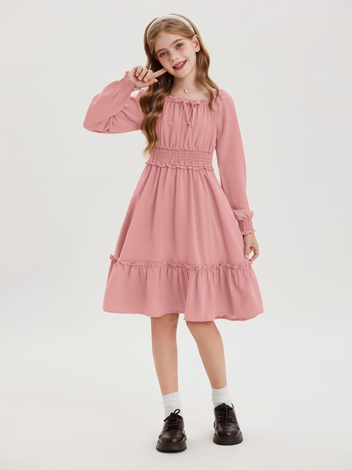 image:imageGRACE KARIN Girls Fall Long Sleeve Casual Ruffle Smocked Dresses Size 714Gray Pink