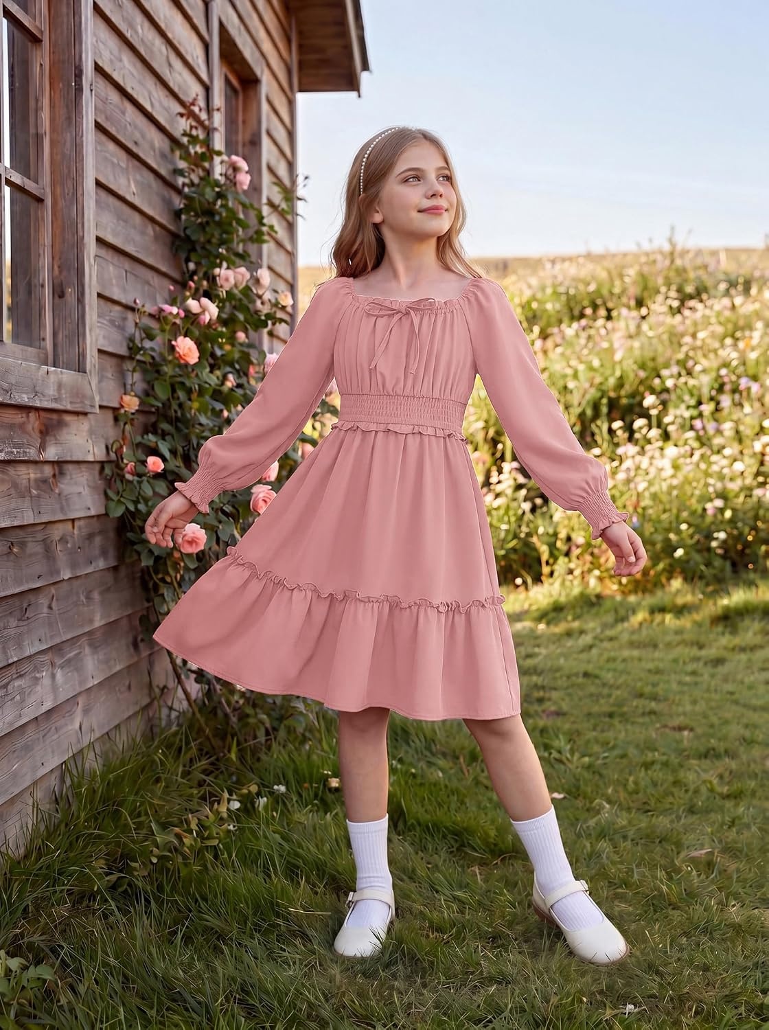 image:imageGRACE KARIN Girls Fall Long Sleeve Casual Ruffle Smocked Dresses Size 714Gray Pink