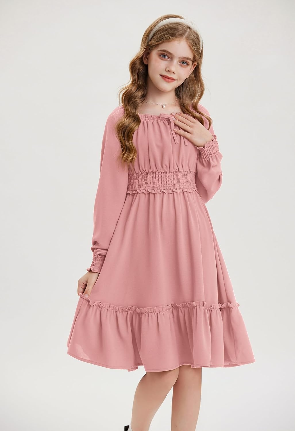 image:imageGRACE KARIN Girls Fall Long Sleeve Casual Ruffle Smocked Dresses Size 714Gray Pink