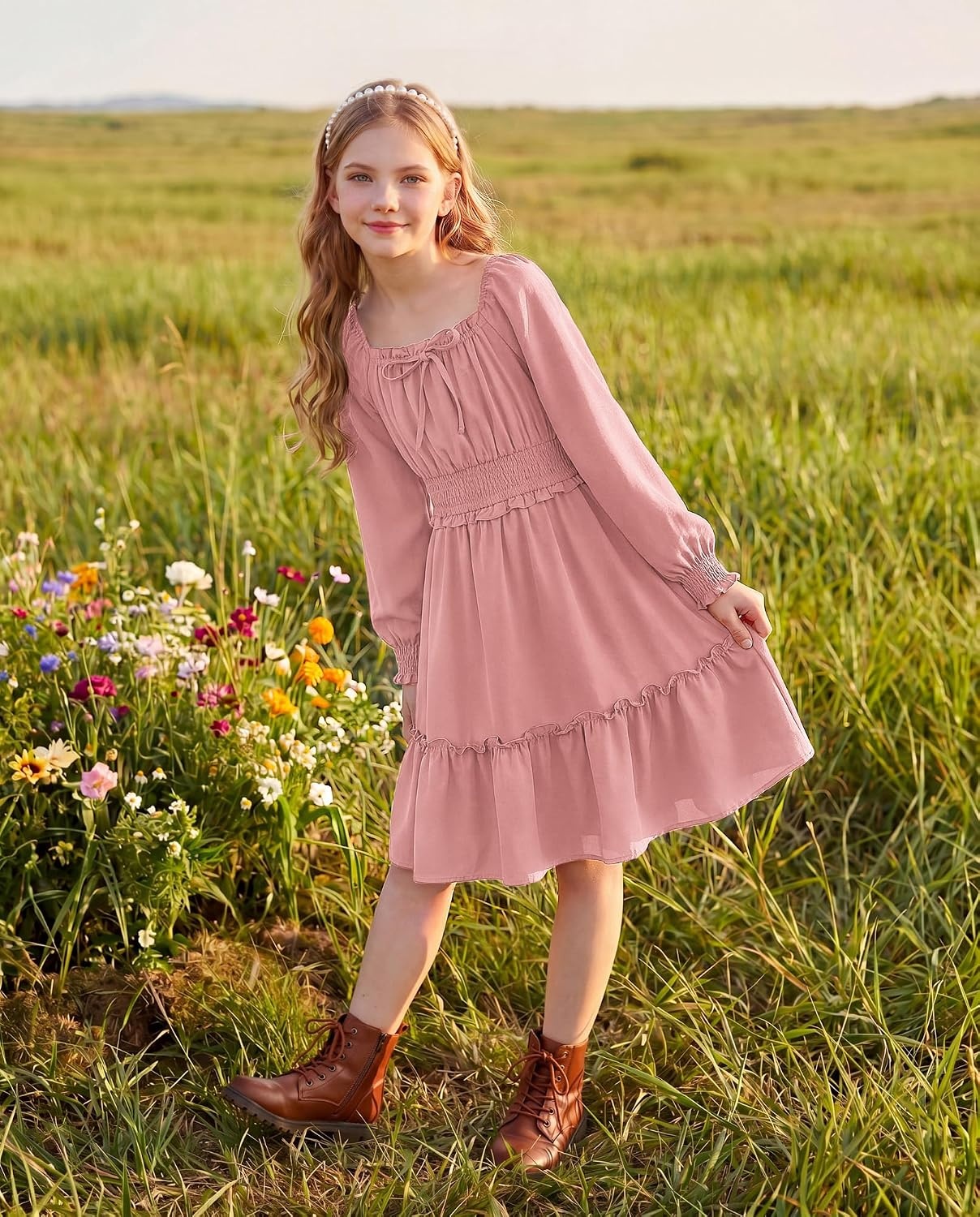 image:imageGRACE KARIN Girls Fall Long Sleeve Casual Ruffle Smocked Dresses Size 714Gray Pink