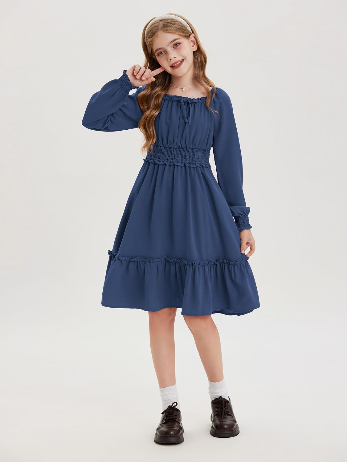 image:imageGRACE KARIN Girls Fall Long Sleeve Casual Ruffle Smocked Dresses Size 714Navy Blue