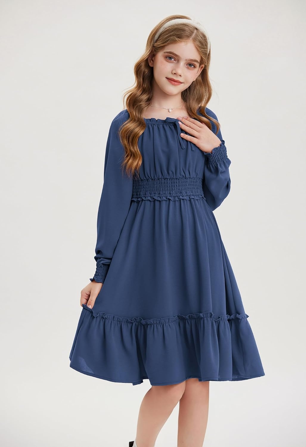 image:imageGRACE KARIN Girls Fall Long Sleeve Casual Ruffle Smocked Dresses Size 714Navy Blue