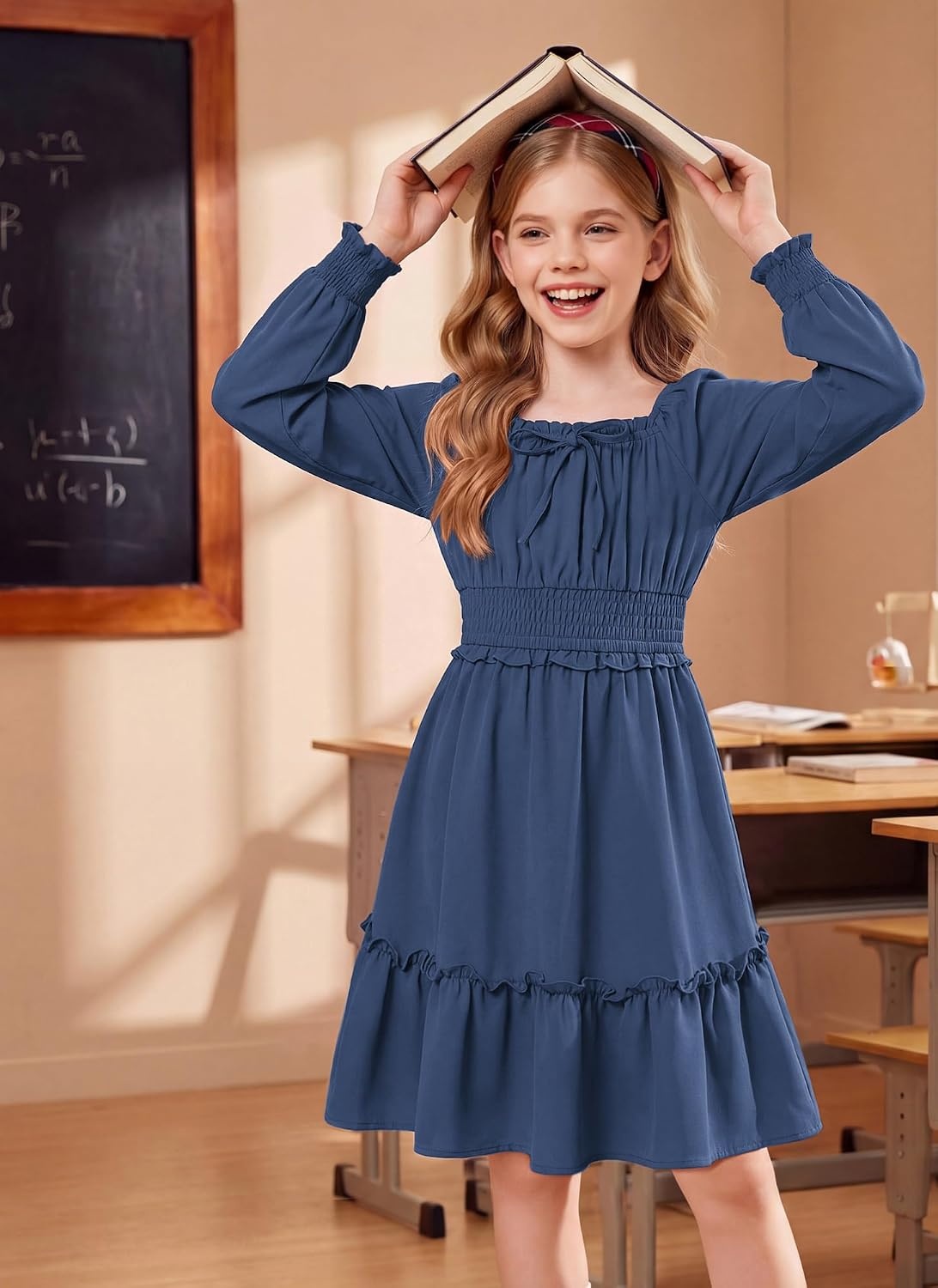 image:imageGRACE KARIN Girls Fall Long Sleeve Casual Ruffle Smocked Dresses Size 714Navy Blue