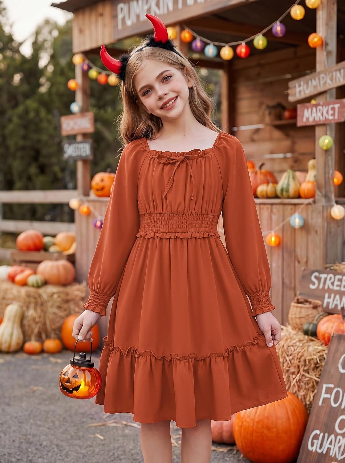 image:imageGRACE KARIN Girls Fall Long Sleeve Casual Ruffle Smocked Dresses Size 714Pumpkin Orange
