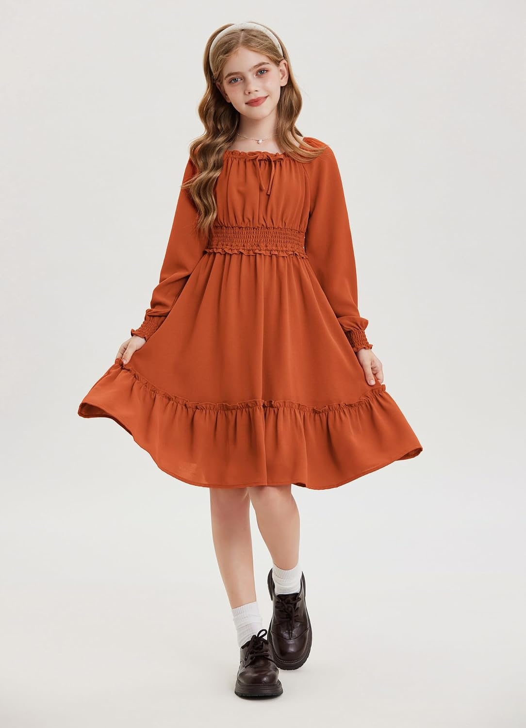 image:imageGRACE KARIN Girls Fall Long Sleeve Casual Ruffle Smocked Dresses Size 714Pumpkin Orange
