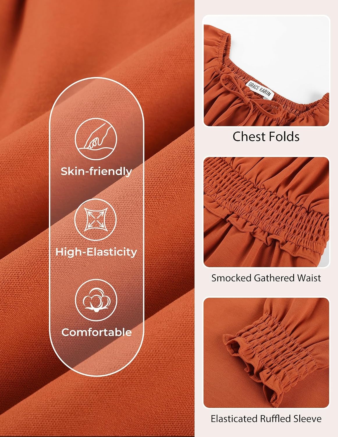 image:imageGRACE KARIN Girls Fall Long Sleeve Casual Ruffle Smocked Dresses Size 714Pumpkin Orange