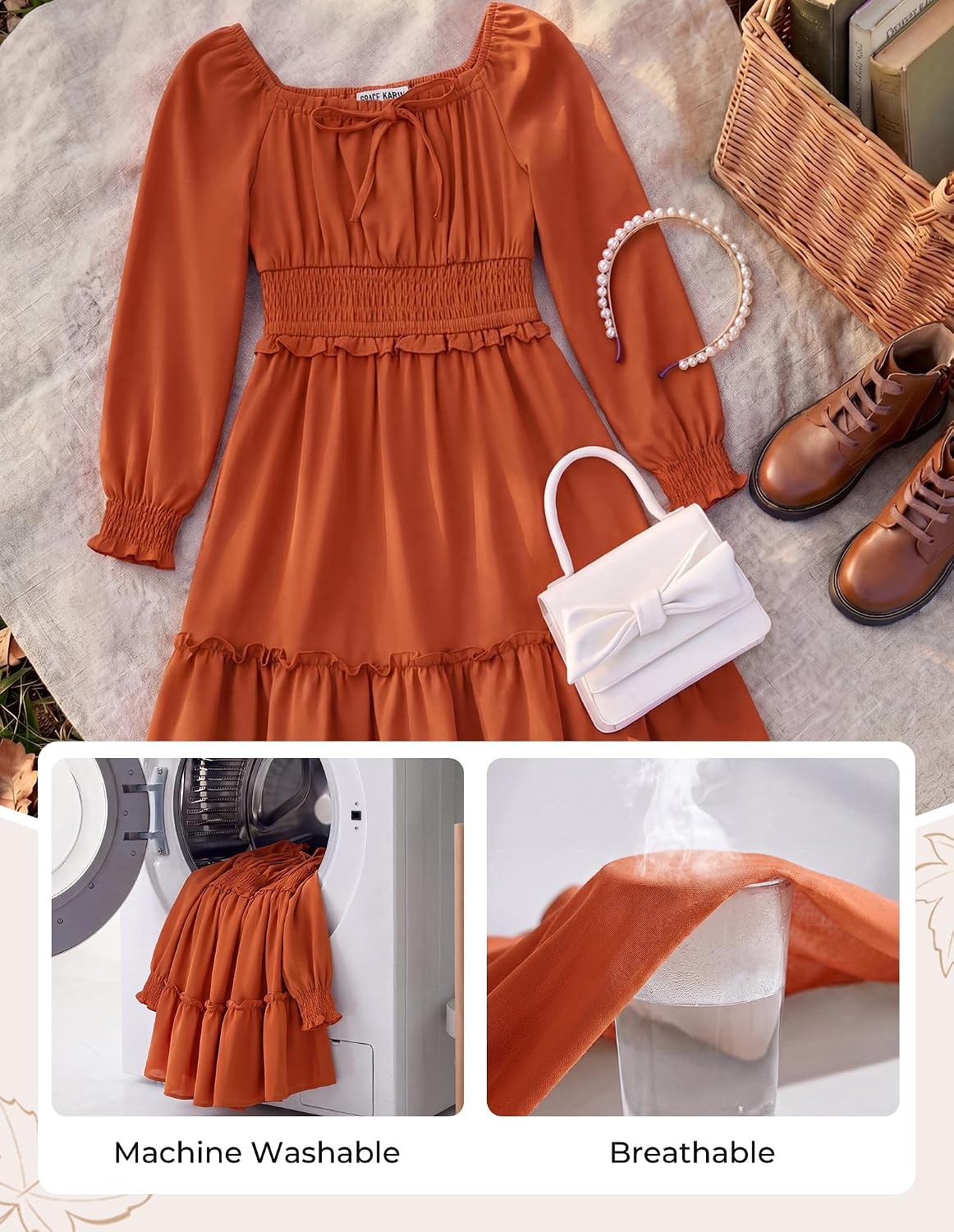 image:imageGRACE KARIN Girls Fall Long Sleeve Casual Ruffle Smocked Dresses Size 714Pumpkin Orange