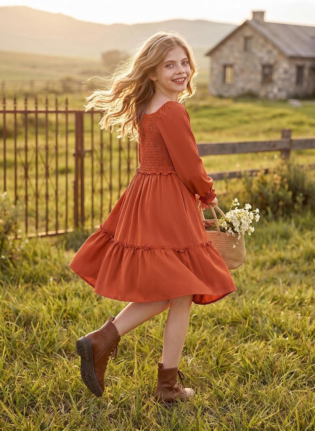 image:imageGRACE KARIN Girls Fall Long Sleeve Casual Ruffle Smocked Dresses Size 714Pumpkin Orange