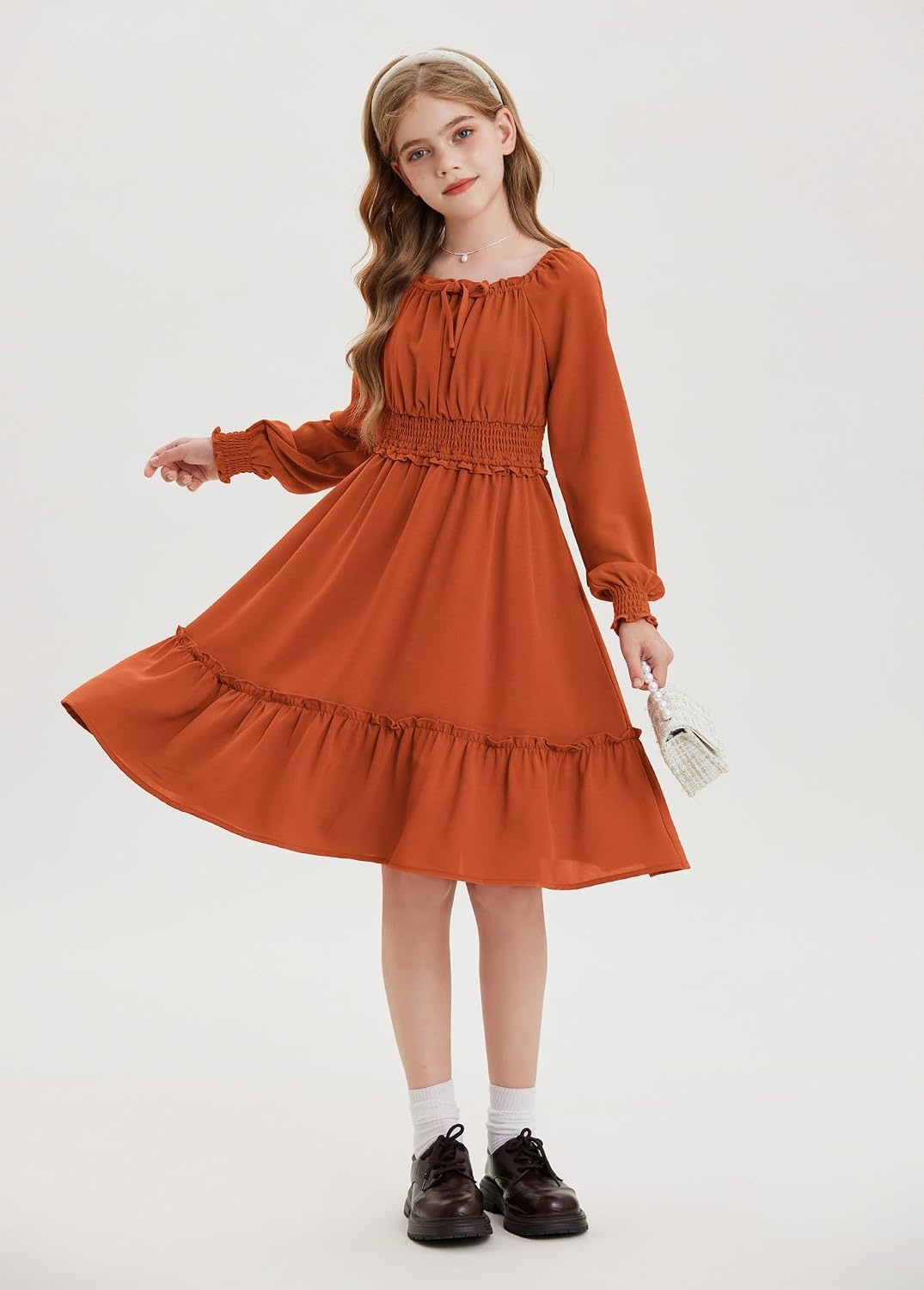 image:imageGRACE KARIN Girls Fall Long Sleeve Casual Ruffle Smocked Dresses Size 714Pumpkin Orange