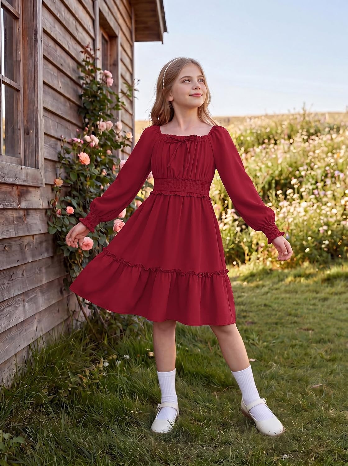 image:imageGRACE KARIN Girls Fall Long Sleeve Casual Ruffle Smocked Dresses Size 714Wine Red