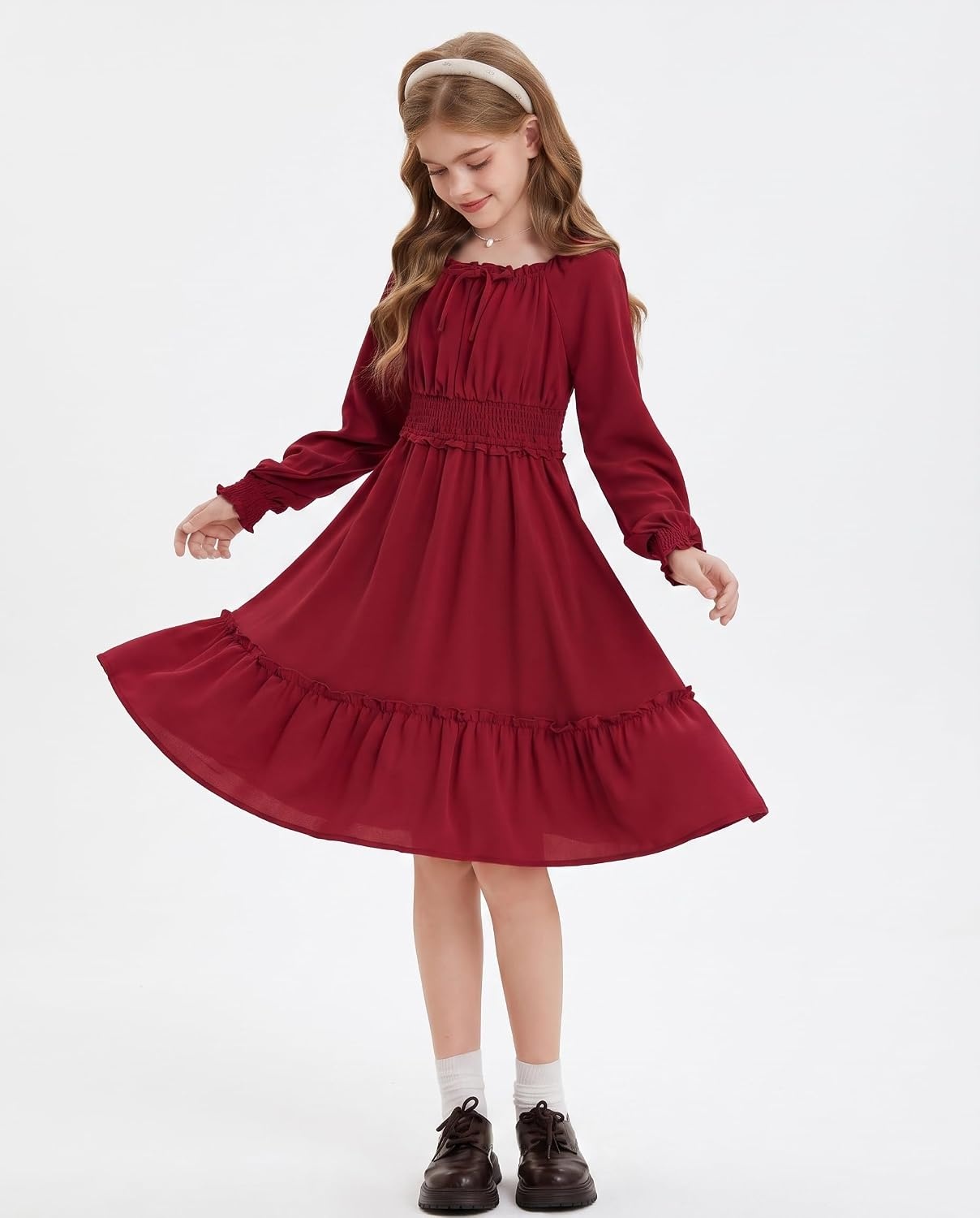 image:imageGRACE KARIN Girls Fall Long Sleeve Casual Ruffle Smocked Dresses Size 714Wine Red